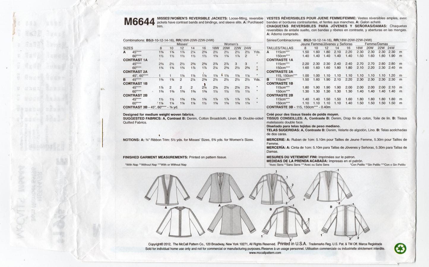 McCall's M6644 Womens Reversible Quilted Jackets Out Of Print Sewing Pattern Size 18W - 24W UNCUT Factory Folded