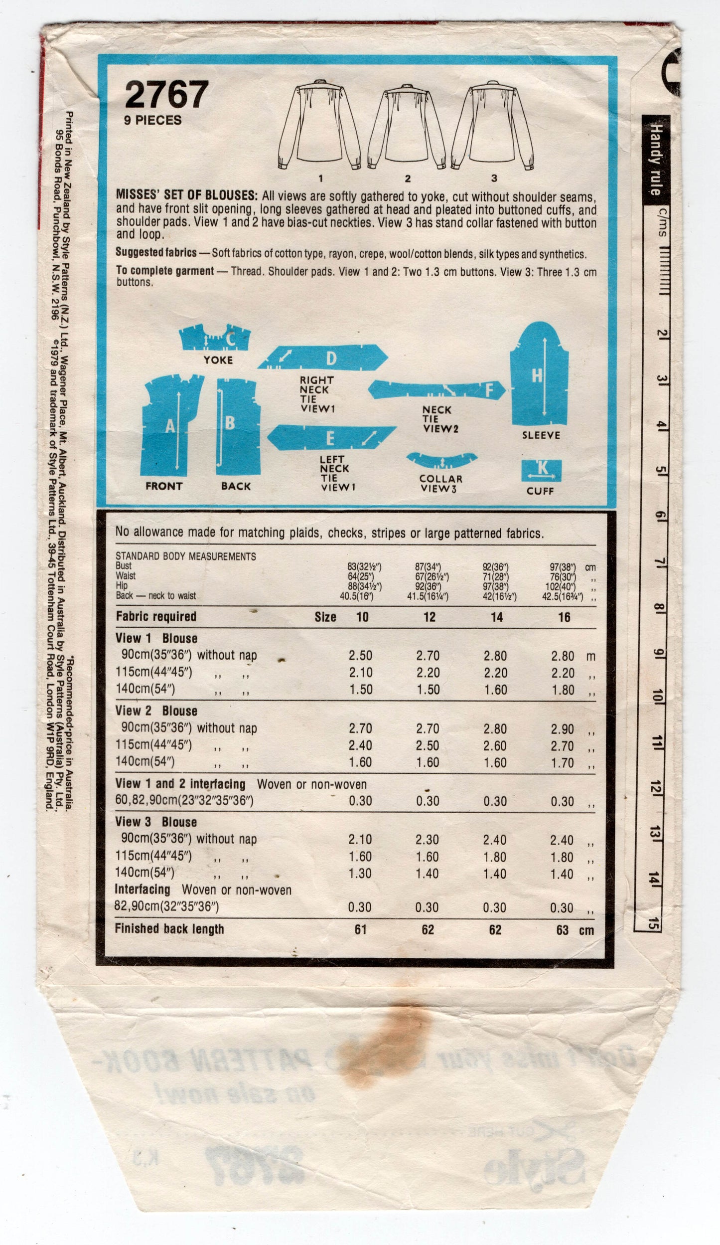 Patrón de costura vintage de los años 70 para blusas románticas con hombros fruncidos para mujer, estilo 2767, talla 10 o 12