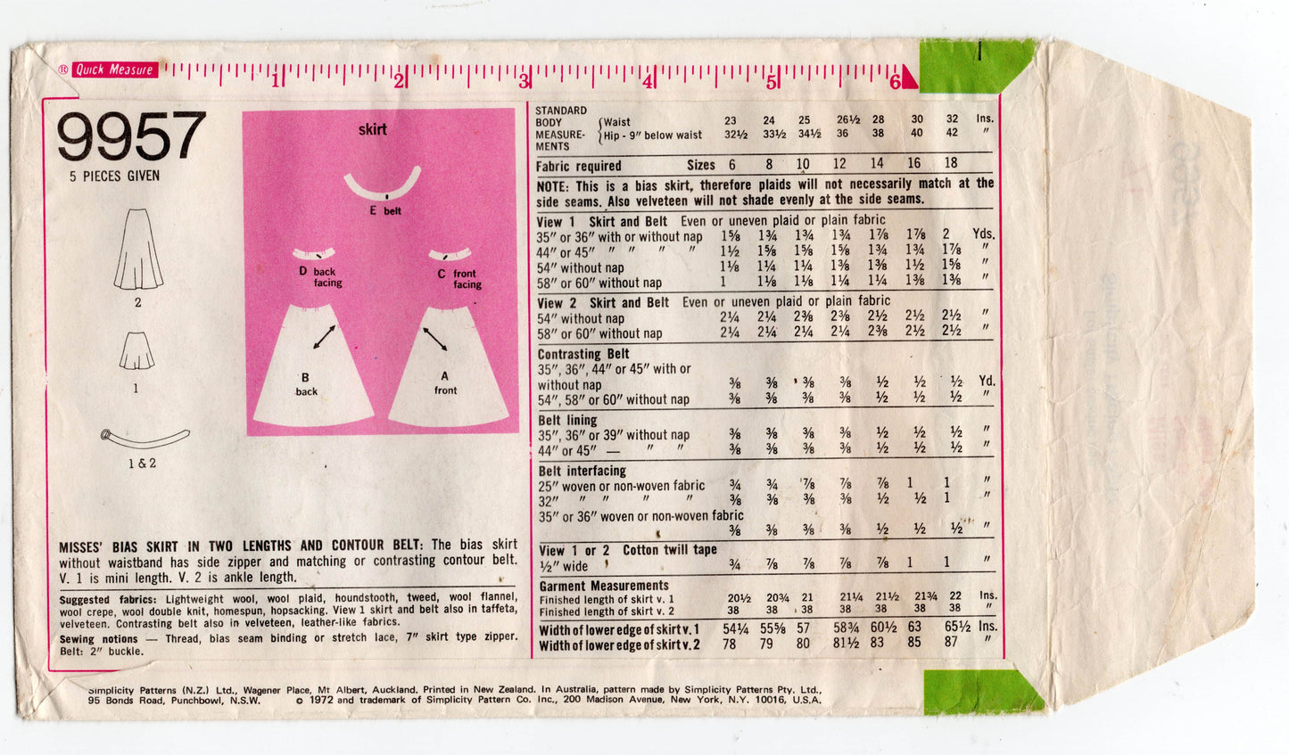 Simplicity 9957 Womens Bias Cut Mini Maxi Skirts & Belt 1970s Vintage Sewing Pattern Waist 24  or 30 inches