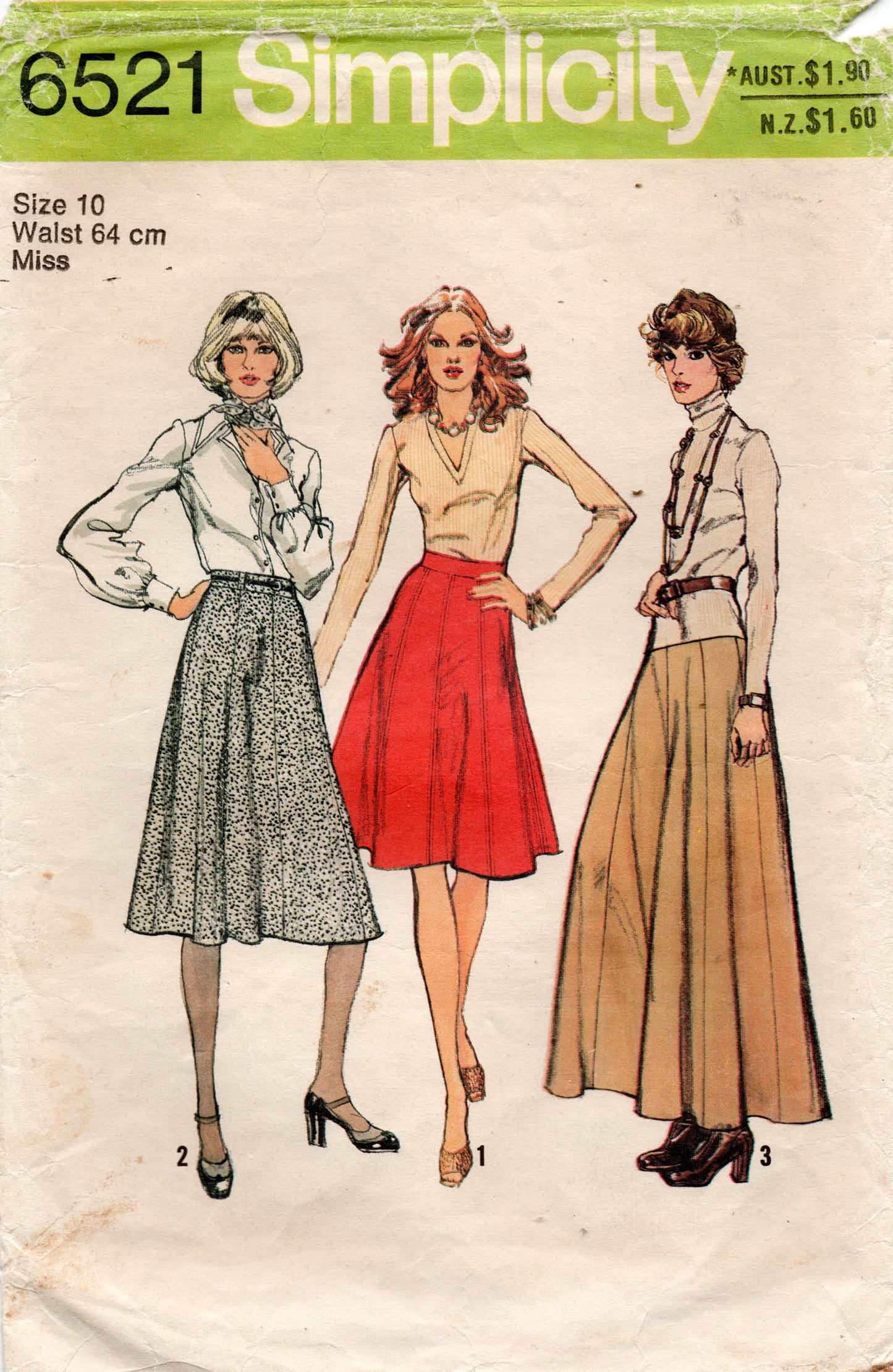 Patrón de costura vintage de los años 70 para falda o maxifalda con paneles para mujer Simplicity 6521, tallas 8, 10 o 14