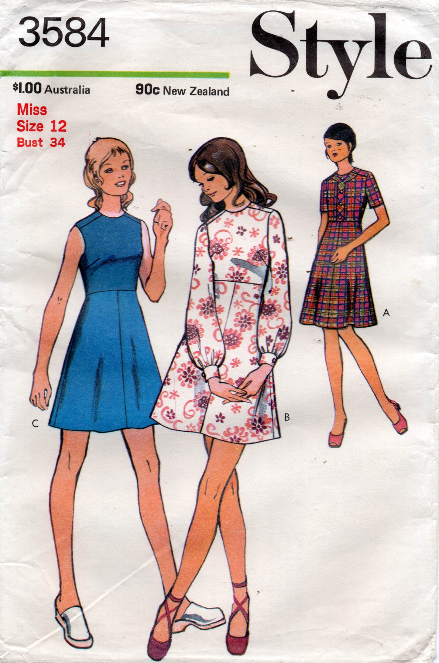 Vestido estilo imperio para mujer, estilo 3584, con opciones de lengüeta en las mangas y el corpiño, patrón de costura vintage de los años 70, talla 12 o 14