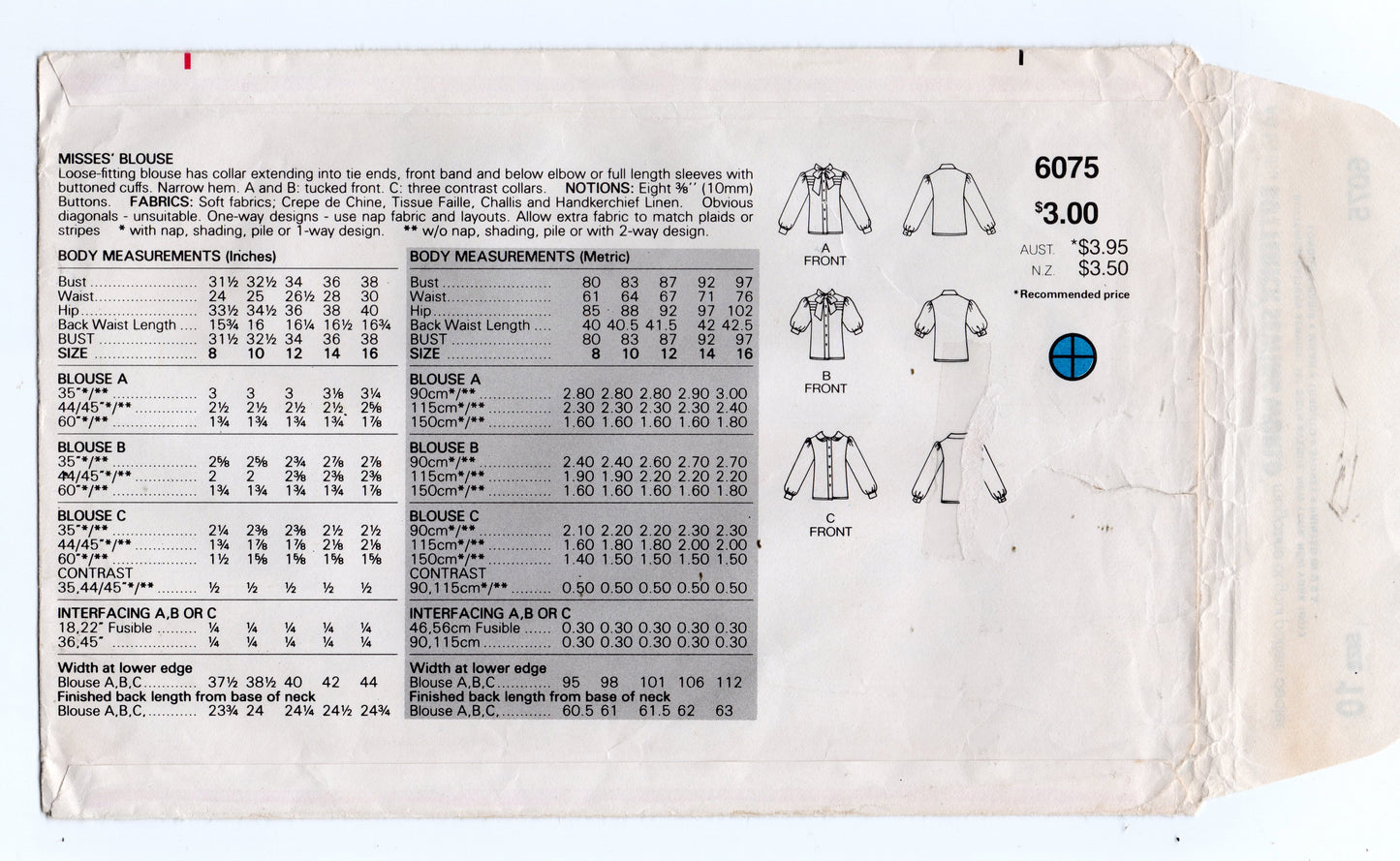 Butterick 6075 Womens Puffy Sleeved Blouse in 3 Styles 1980s Vintage Sewing Pattern Size 10 Bust 32.5 inches