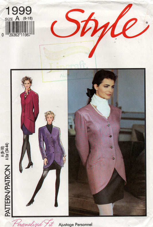 Patrón de costura vintage de los años 1990 para chaqueta y falda con dobladillo curvo para mujer, estilo 1999, talla 8-18, sin cortar, doblado de fábrica