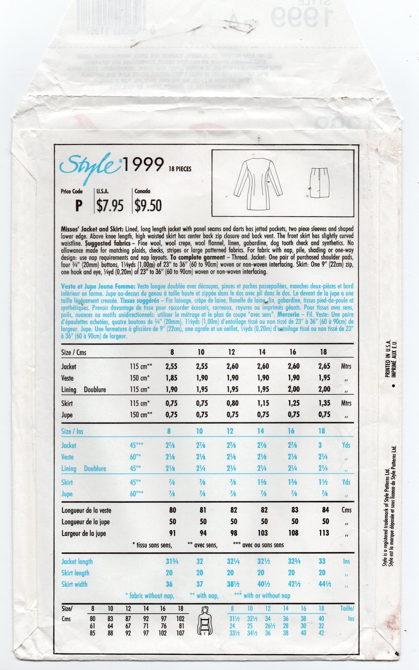 Patrón de costura vintage de los años 1990 para chaqueta y falda con dobladillo curvo para mujer, estilo 1999, talla 8-18, sin cortar, doblado de fábrica