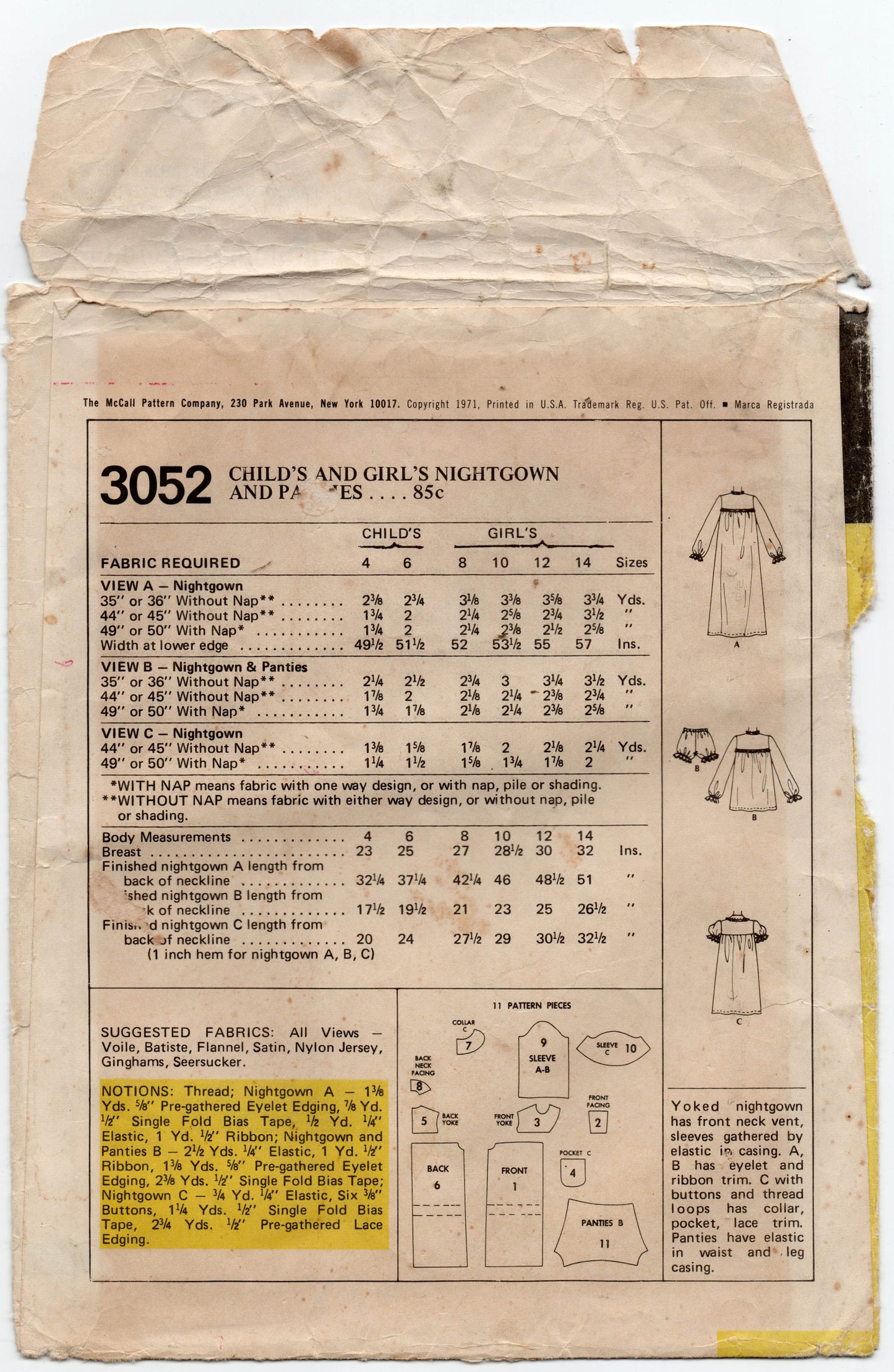 McCall's 3052 Girls Babydoll Nightgown & Bloomers 1970s Vintage Sewing Pattern Size 6 or 8