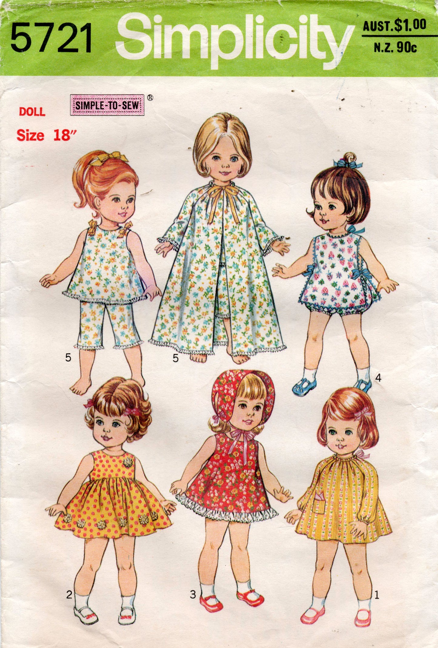 Simplicity 5721 EASY Retro Baby Doll Clothes 1970s Vintage Sewing Pattern for 14 or 18 Inch Dolls