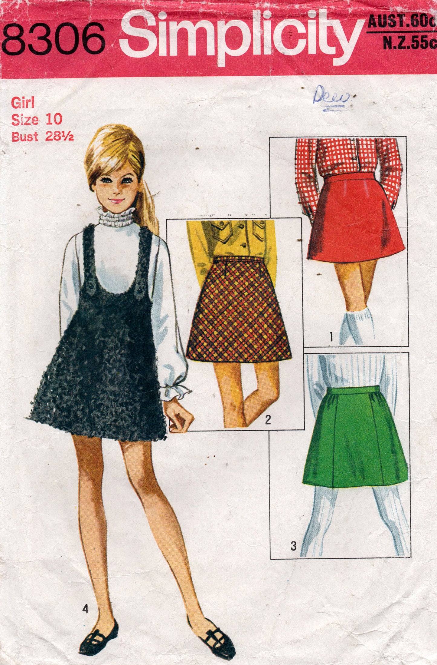 Simplicity 8306 Girls Mini Pinafore Dress & Skirts 1960s Vintage Sewing Pattern Size 10