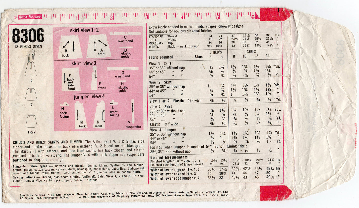 Simplicity 8306 Girls Mini Pinafore Dress & Skirts 1960s Vintage Sewing Pattern Size 10