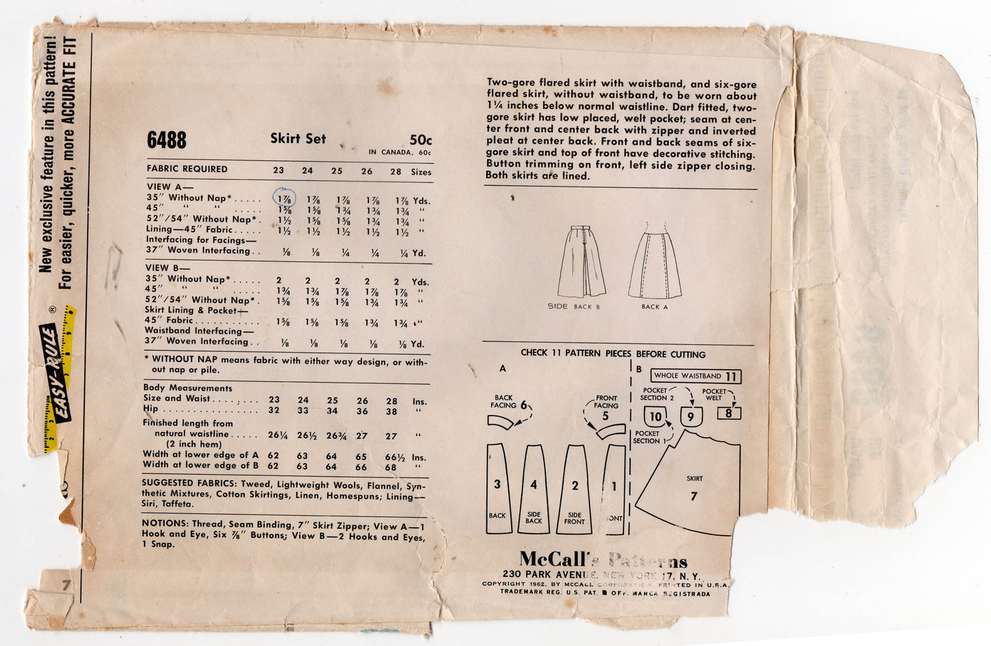 McCall's 6488 Womens or Teens Flared Skirts 1960s Vintage Sewing Pattern Waist 23 inches