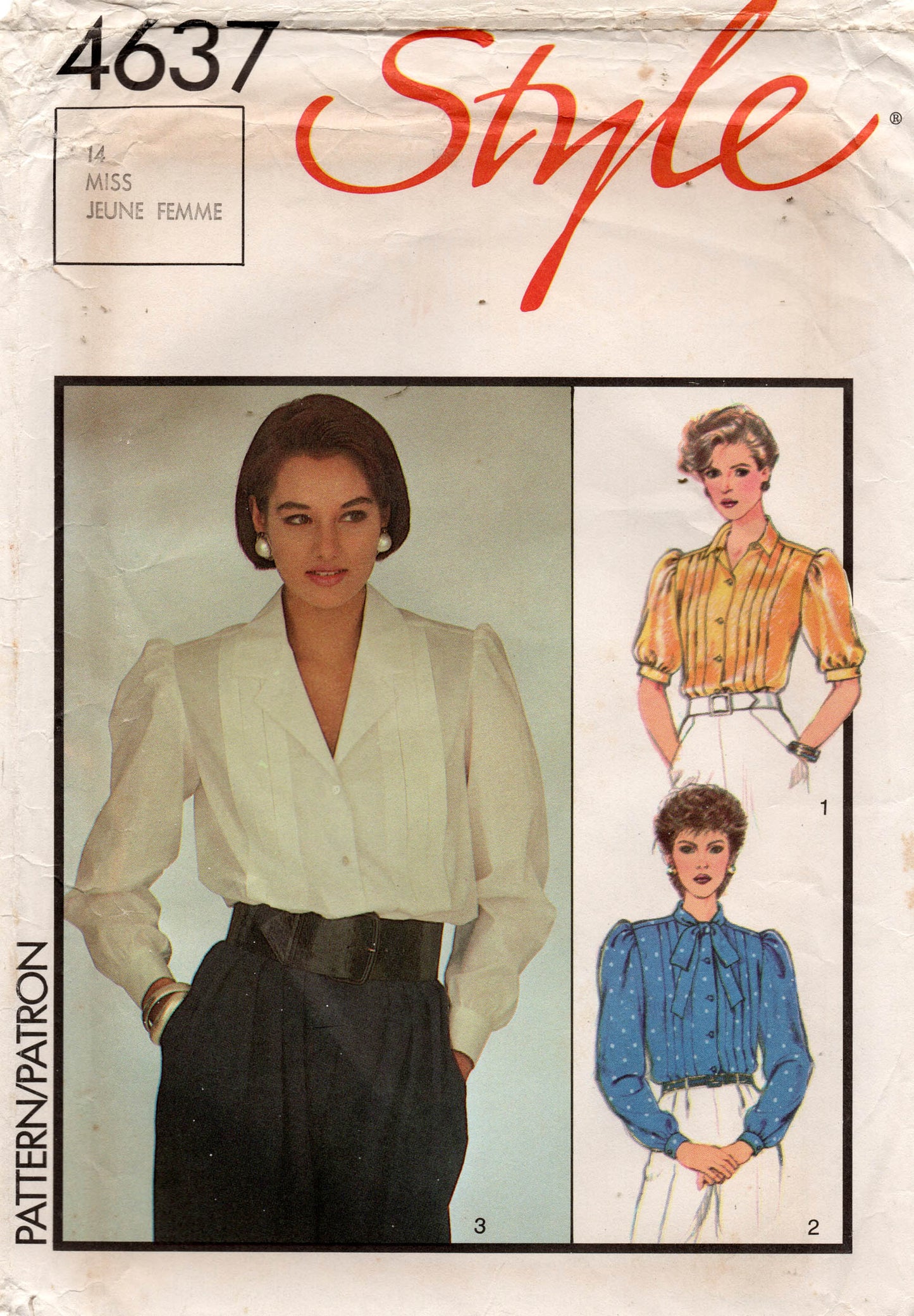 Patrón de costura vintage de los años 80 para blusa con mangas abullonadas estilo 4637 para mujer, talla 14, busto de 36 pulgadas, sin cortar, doblado de fábrica