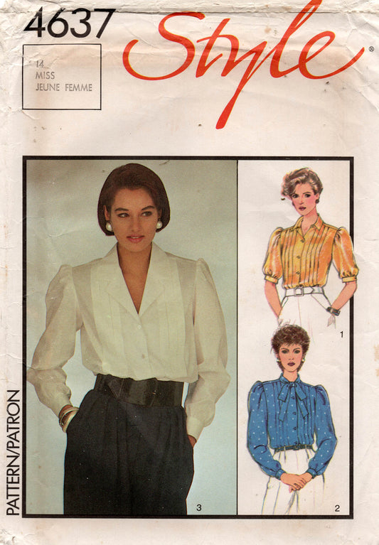 Patrón de costura vintage de los años 80 para blusa con mangas abullonadas estilo 4637 para mujer, talla 14, busto de 36 pulgadas, sin cortar, doblado de fábrica