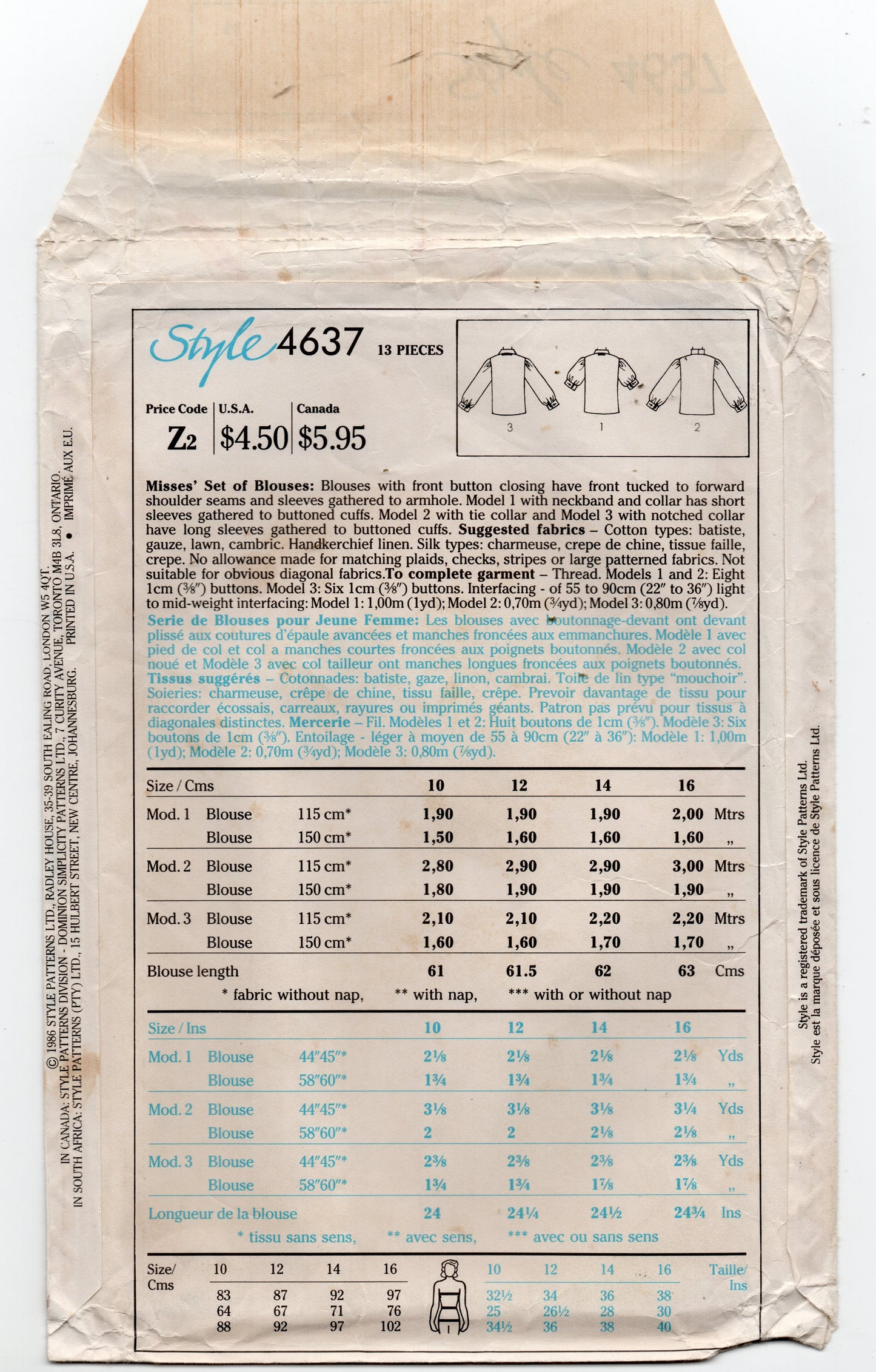 Patrón de costura vintage de los años 80 para blusa con mangas abullonadas estilo 4637 para mujer, talla 14, busto de 36 pulgadas, sin cortar, doblado de fábrica