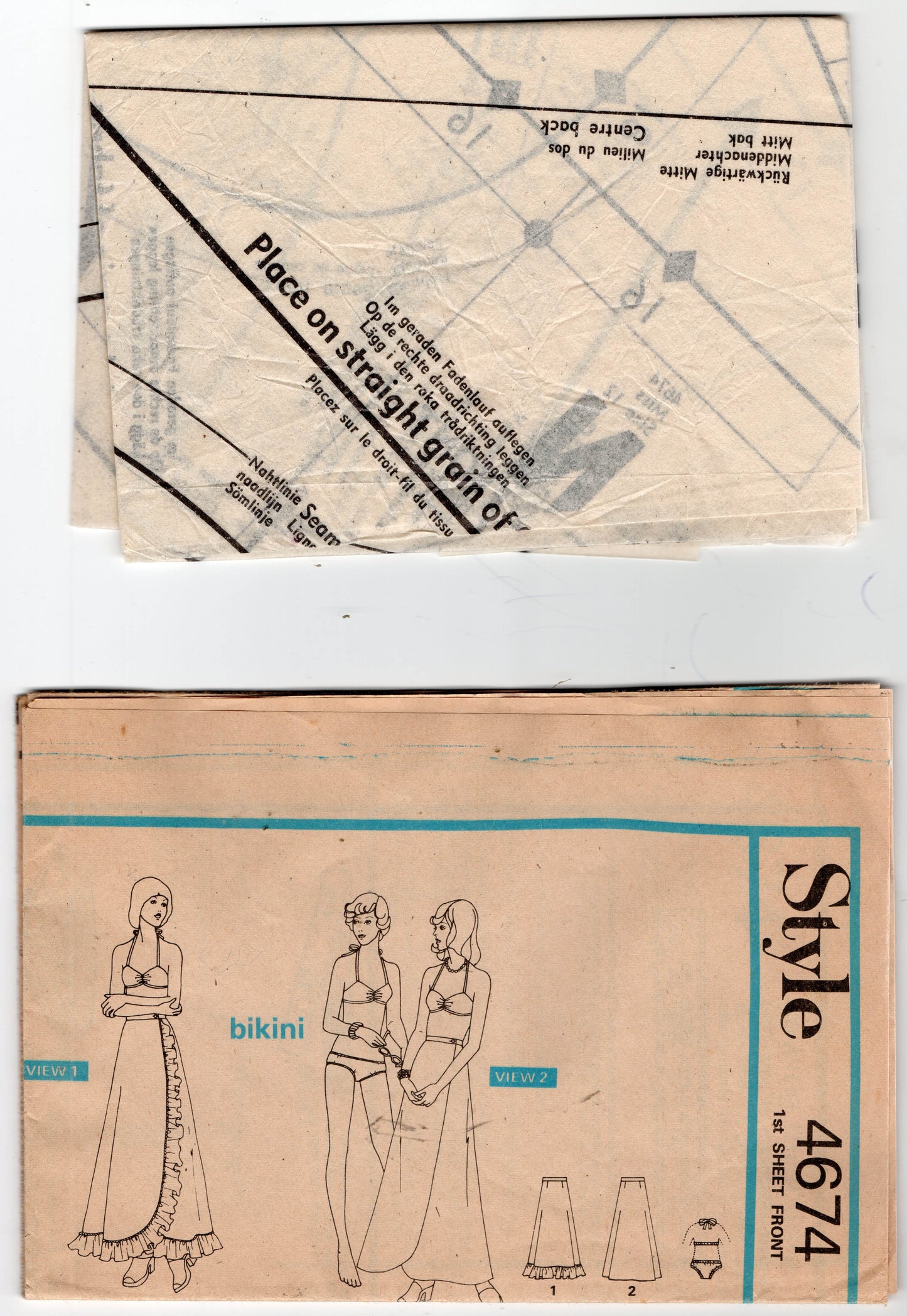 Patrón de costura vintage de los años 70 para bikini y falda larga tipo pareo estilo 4674 para mujer, talla 12, busto de 34 pulgadas