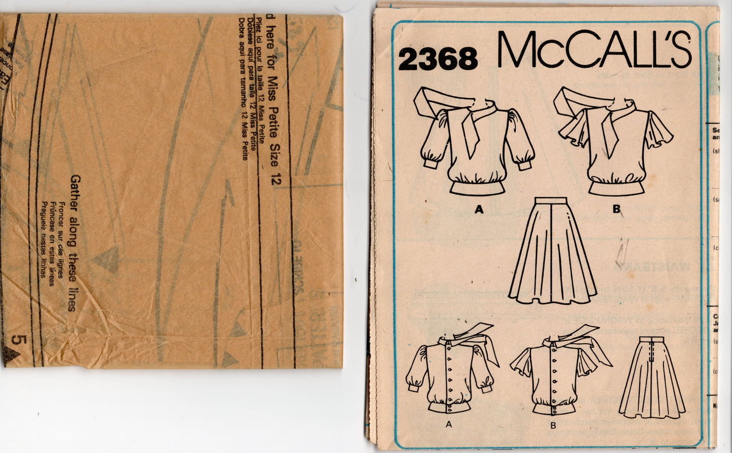 Patrón de costura vintage de los años 80 para blusa y falda con mangas abullonadas o con vuelo para mujer de la colección DYNASTY 2368 de McCall, talla 12, busto de 34 pulgadas