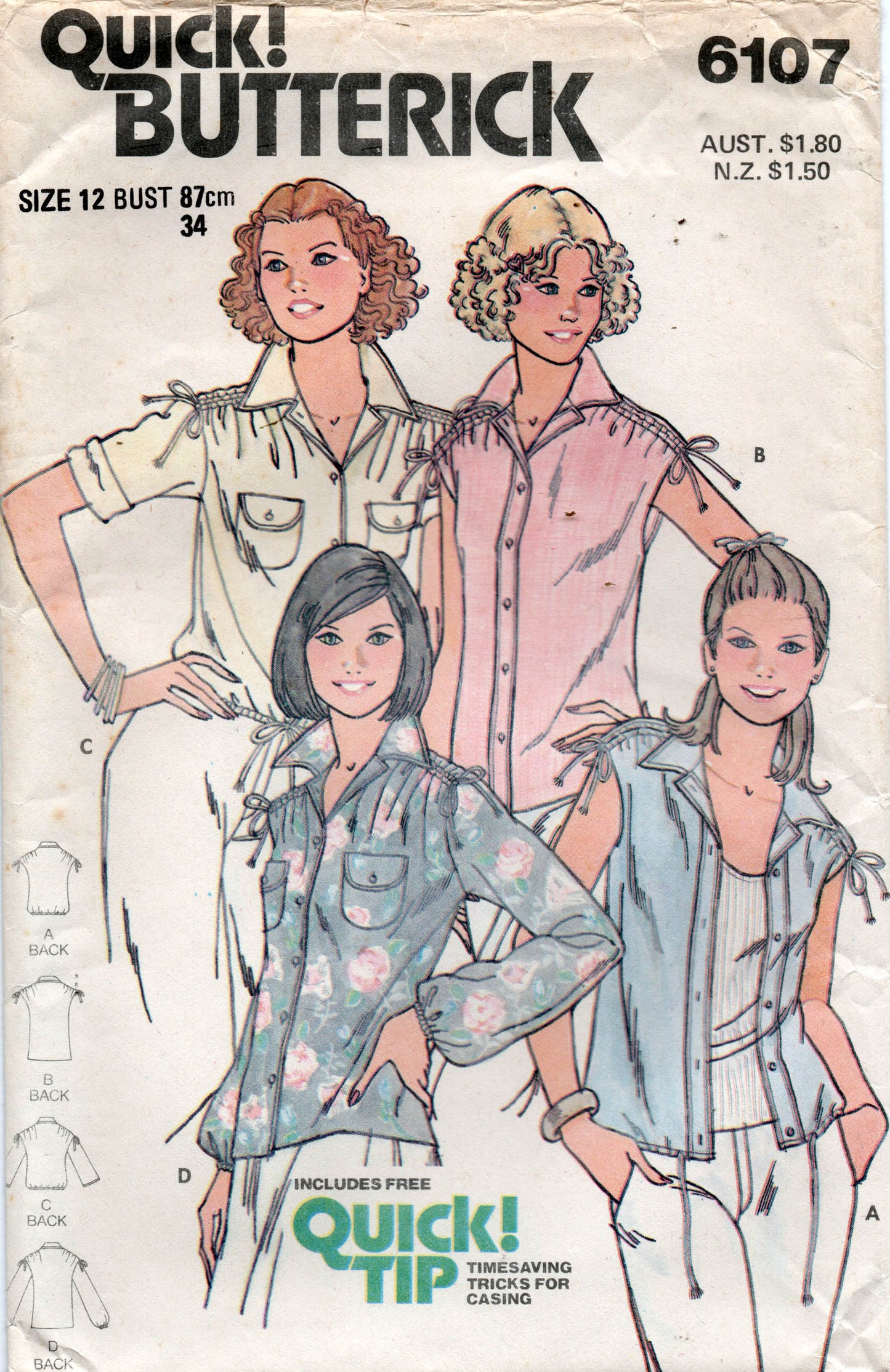 Patrón de costura vintage de los años 80 para blusas con hombros con cordón para mujer Butterick 6107, tallas 8, 10 o 12