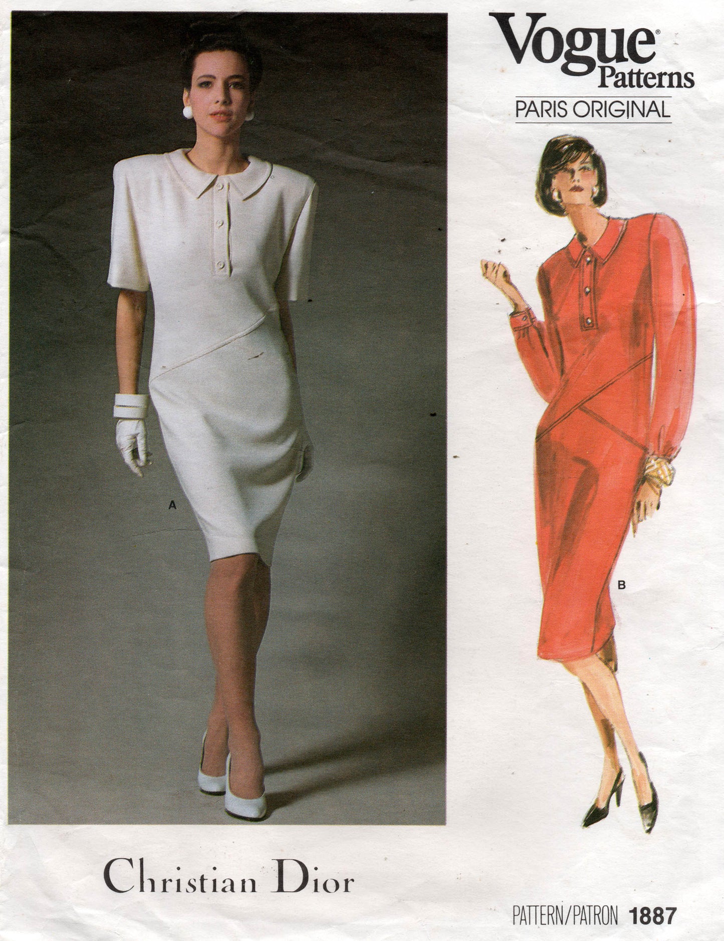 Patrón de costura vintage de los años 80 para vestido con forro y cuello asimétrico de Christian Dior, original de Vogue Paris, 1887, talla 12, busto 34 pulgadas