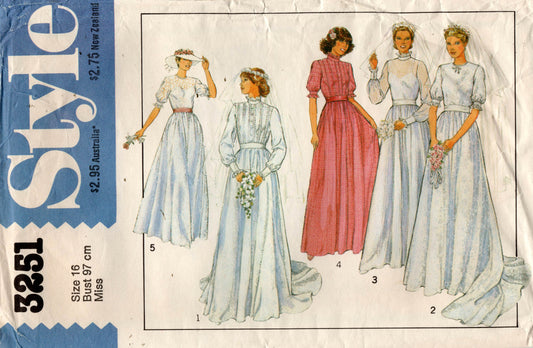 Patrón de costura vintage de los años 80 para vestido de novia o de dama de honor con falda amplia estilo 3251, talla 16, busto de 38 pulgadas