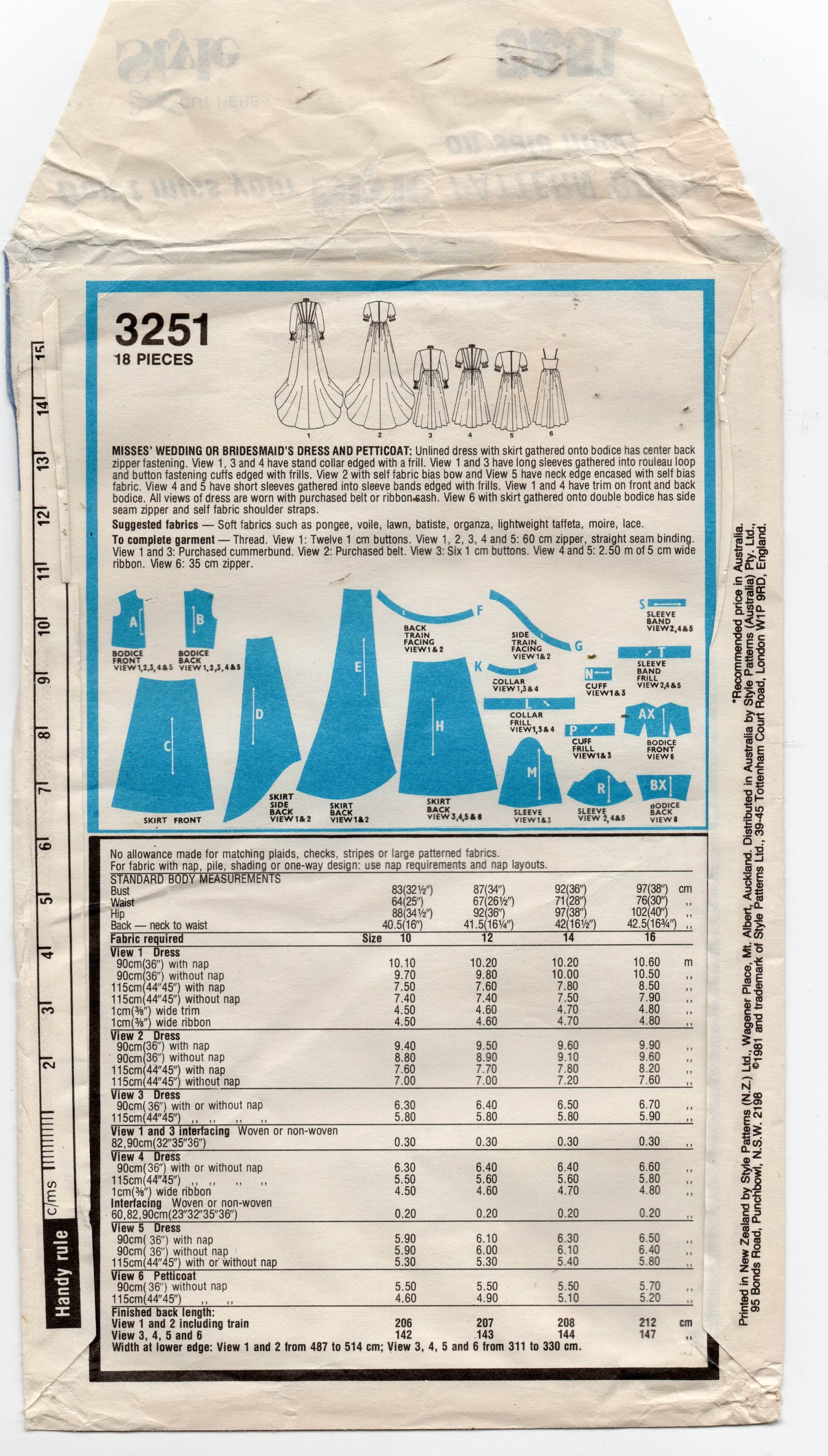 Patrón de costura vintage de los años 80 para vestido de novia o de dama de honor con falda amplia estilo 3251, talla 16, busto de 38 pulgadas