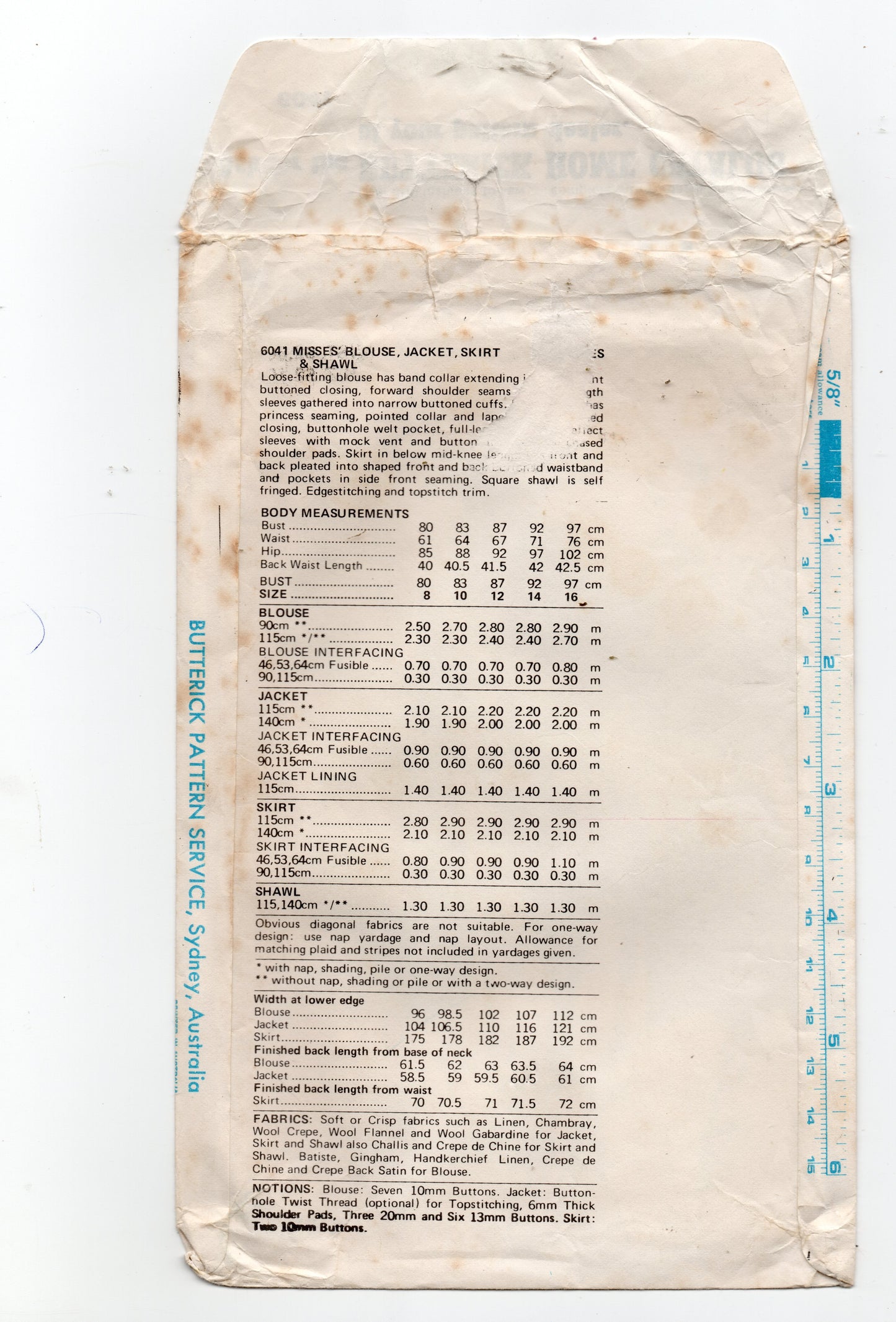Patrón de costura vintage de los años 80 Butterick 6041 JONES NEW YORK para chaqueta, blusa, falda y chal para mujer, talla 12, busto de 34 pulgadas