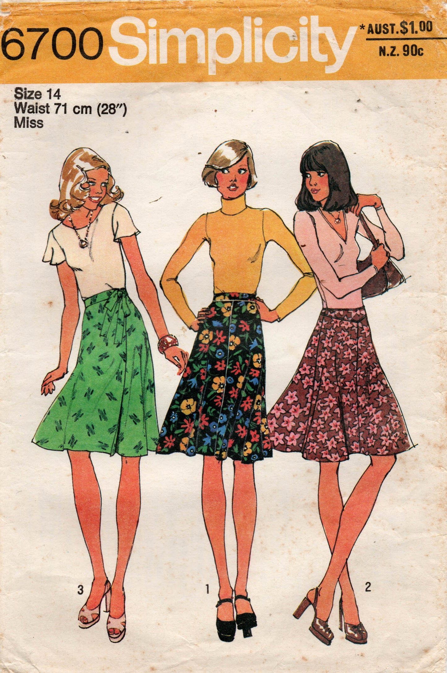 Patrón de costura vintage de los años 70 para faldas cruzadas o con paneles frontales abotonados Simplicity 6700 para mujer, talla 10 o 14