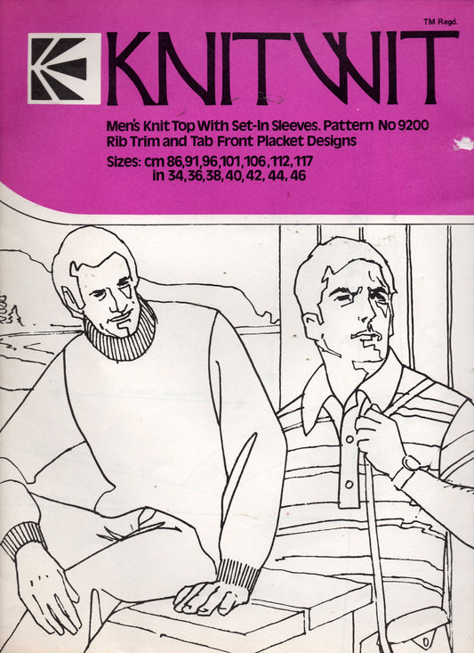 Patrón de costura vintage de los años 70 para sudaderas y camisas de hombre Knitwit 9200, talla 34-46, sin cortar, doblado de fábrica