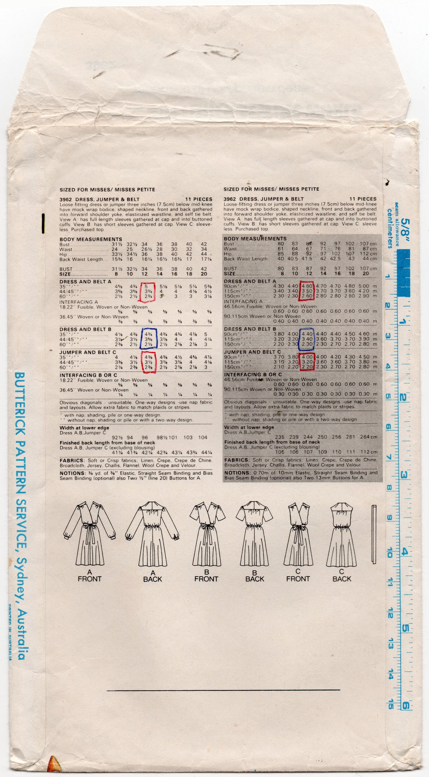 Patrón de costura vintage de los años 80 para vestido y cinturón con corpiño cruzado para mujer Butterick 3962, talla 12, busto de 34 pulgadas, sin cortar, doblado de fábrica