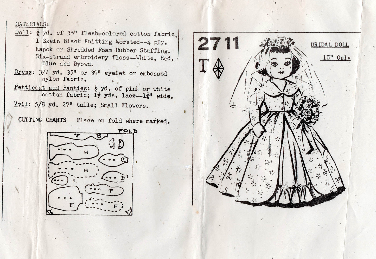 Mail Order 2711 Stuffed Bride Doll with Wedding Dress 1970s Vintage Sewing Pattern Size 15 inches UNUSED Factory Folded