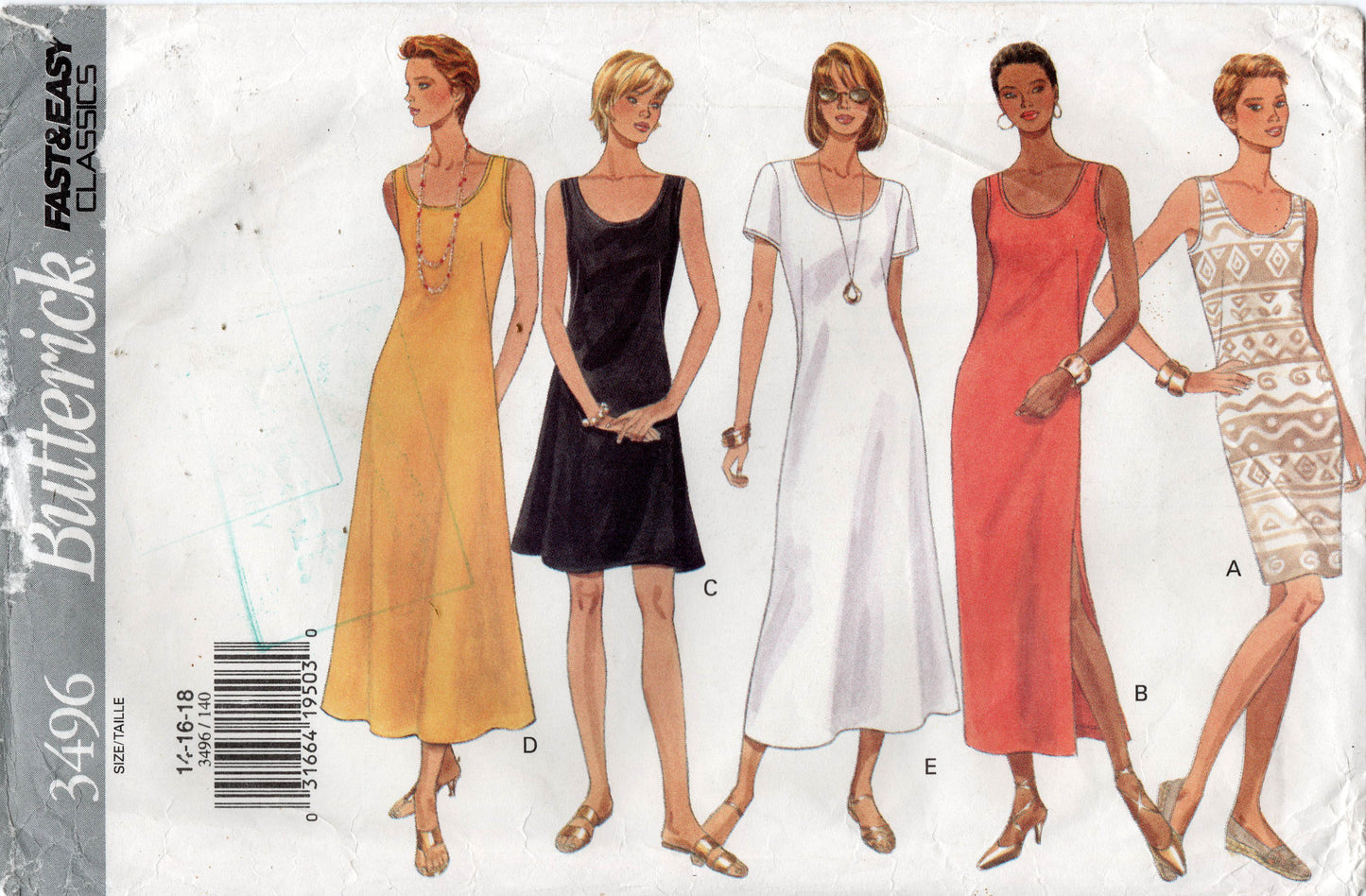 Patrón de costura Butterick 3496 para vestido ajustado o entallado para mujer, estilo vintage de los años 90, talla 14-18, doblado de fábrica y sin cortar