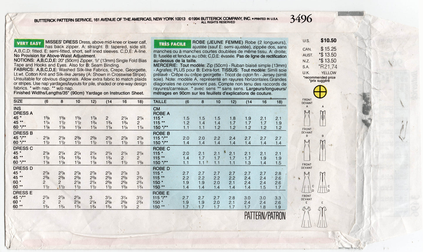 Patrón de costura Butterick 3496 para vestido ajustado o entallado para mujer, estilo vintage de los años 90, talla 14-18, doblado de fábrica y sin cortar