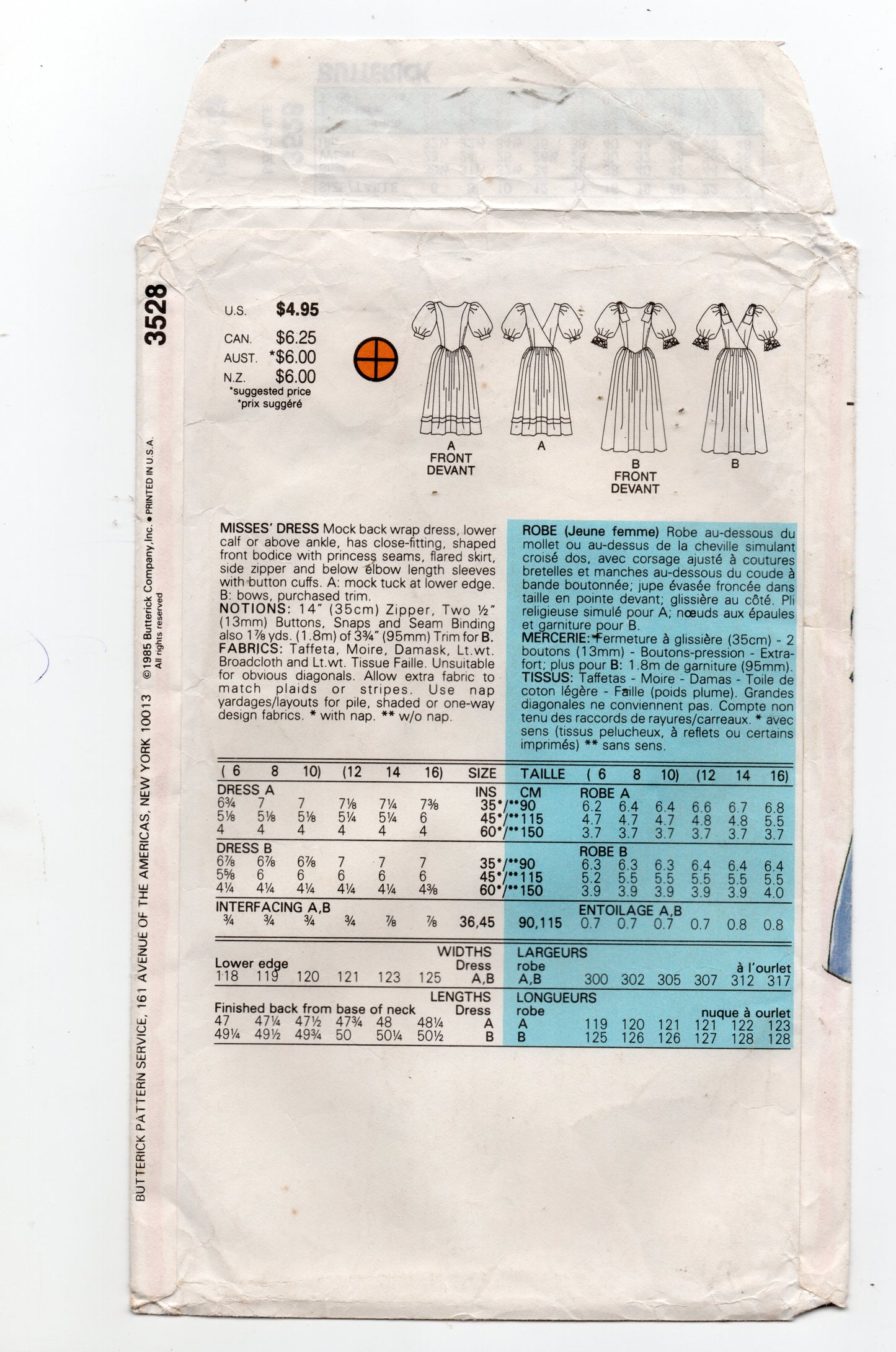Butterick 3528 Womens Back Wrap Puffy Sleeved Evening Prom Formal Bridesmaids Dress 1980s Vintage Sewing Pattern Size 6 - 10