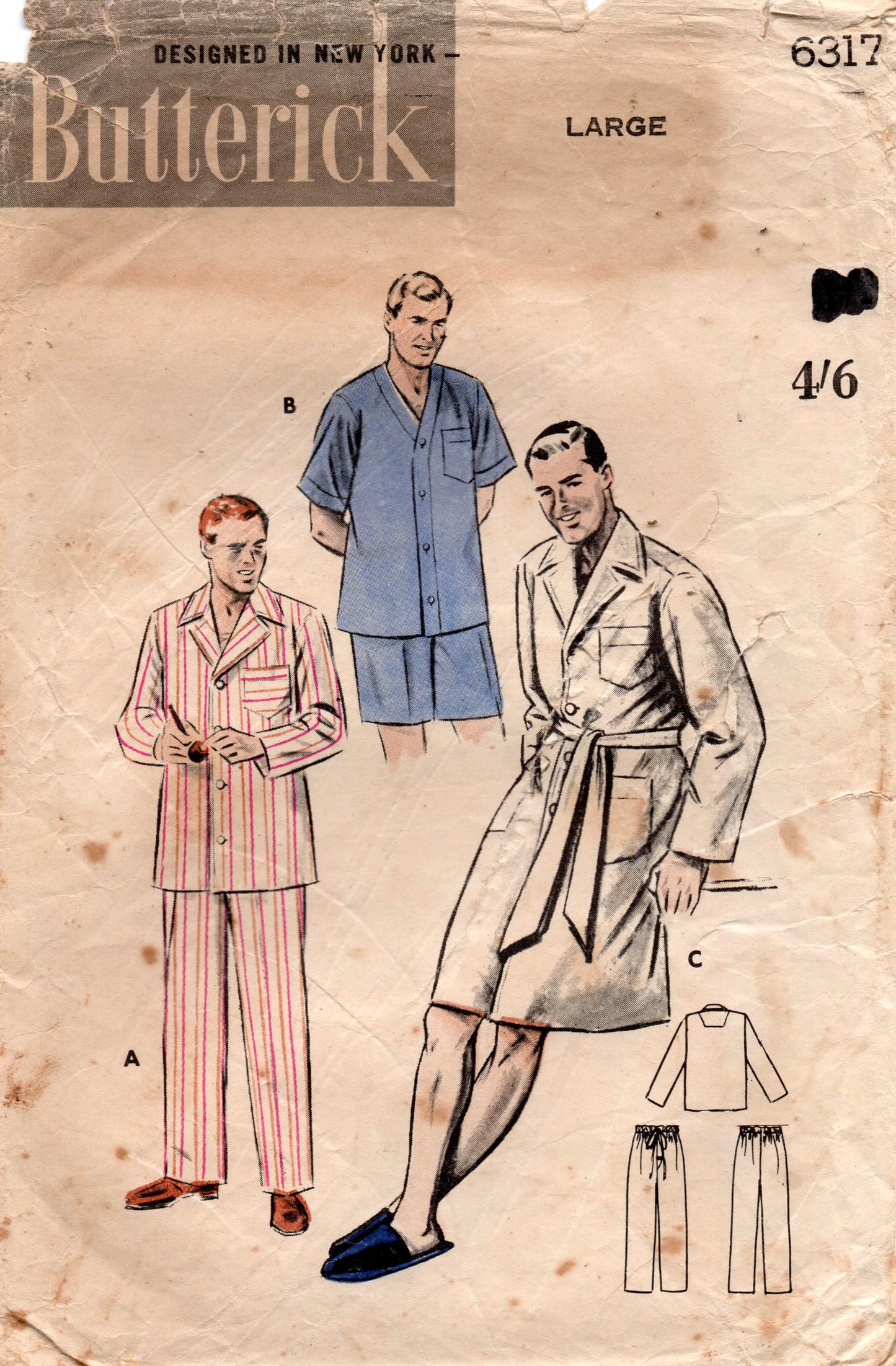 Butterick 6317 Pijama para hombre en 2 largos y bata Patrón de costura vintage de los años 50 Talla pequeña o grande