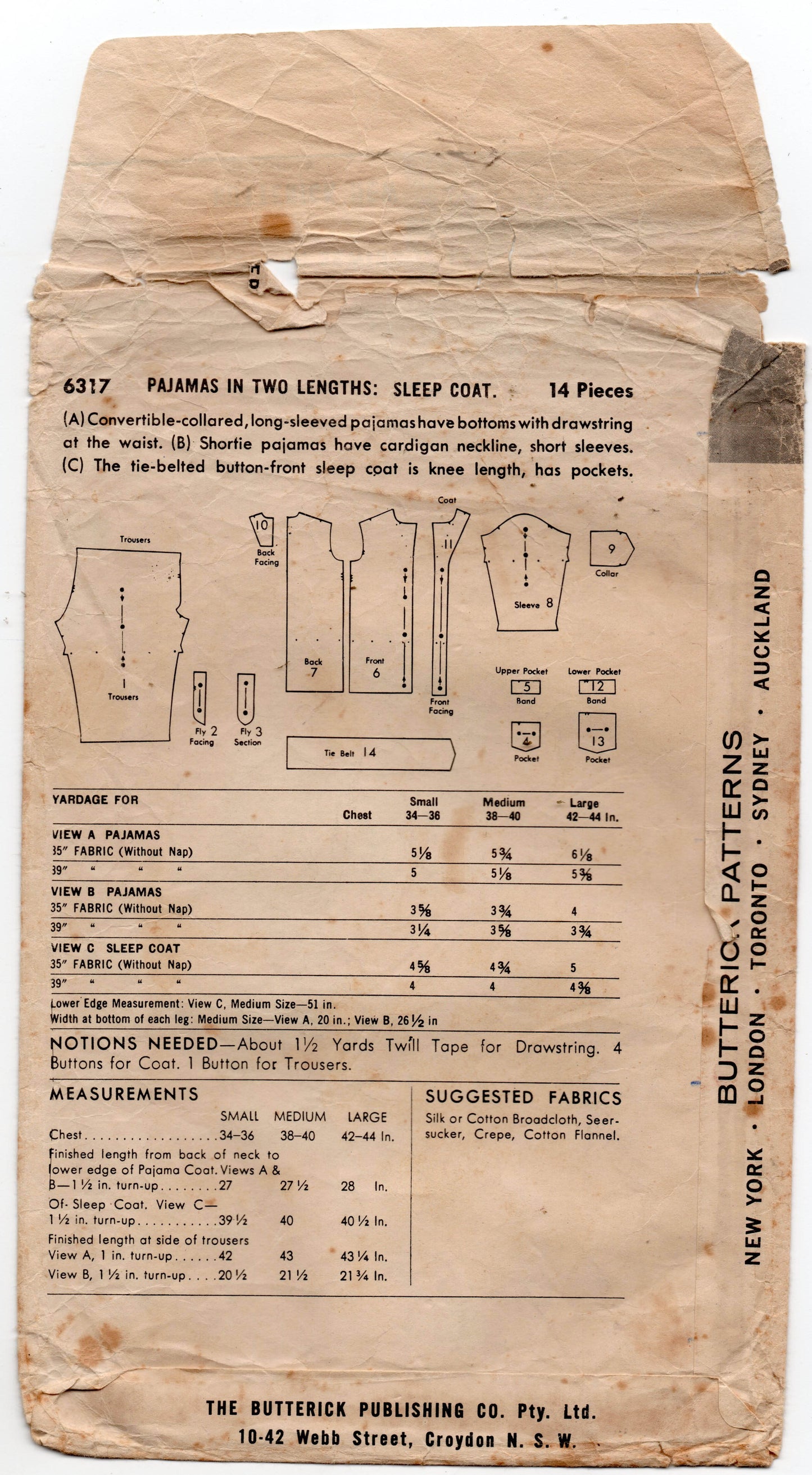 Butterick 6317 Pijama para hombre en 2 largos y bata Patrón de costura vintage de los años 50 Talla pequeña o grande
