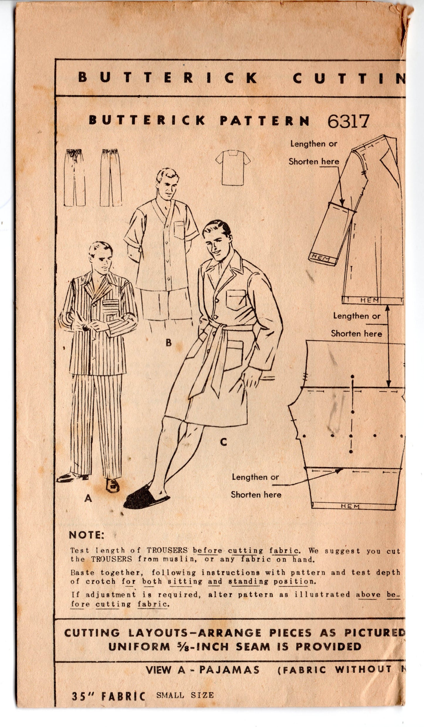 Butterick 6317 Pijama para hombre en 2 largos y bata Patrón de costura vintage de los años 50 Talla pequeña o grande