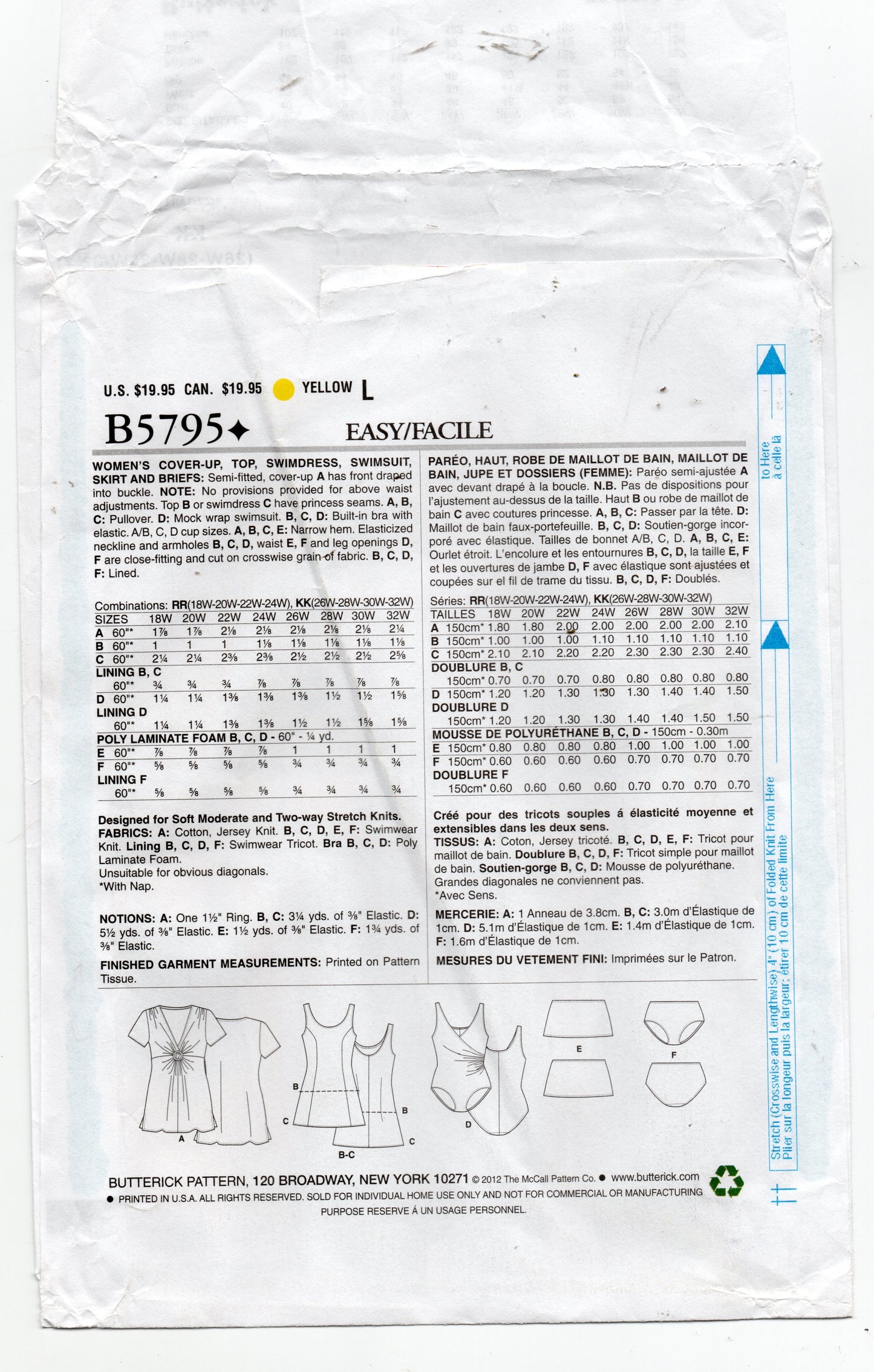 Butterick B5795 Womens Cover Up Top Swim Dress Swimsuit Skirt & Briefs Out Of Print Sewing Pattern Sizes 26W - 32W UNCUT Factory Folded