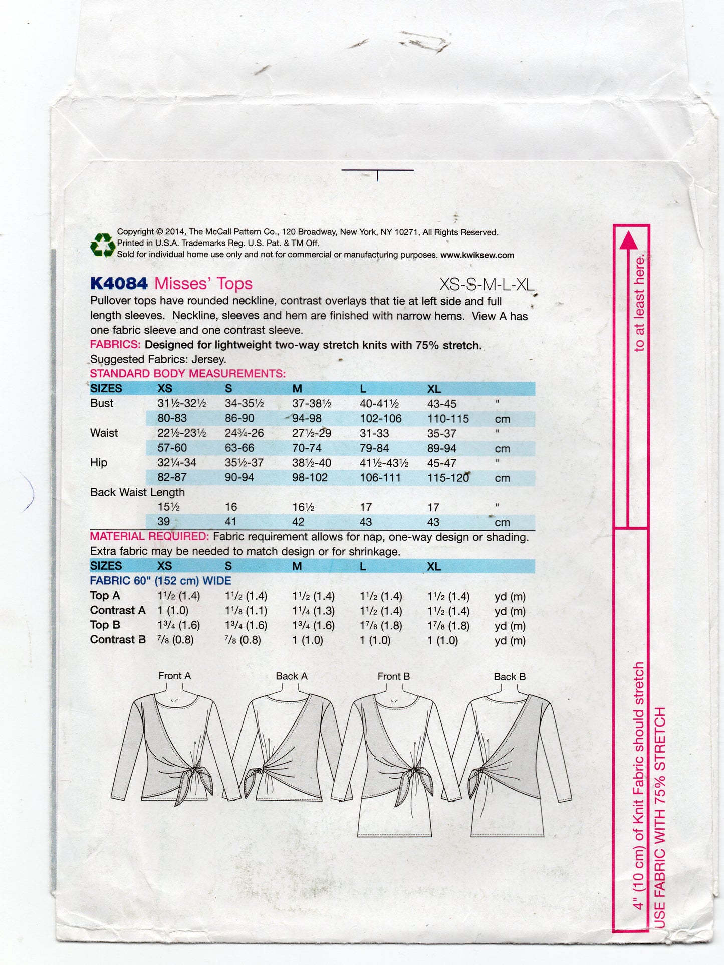 Kwik Sew K4084 Womens Stretch Diagonal Draped Colour Block Tops Out Of Print Sewing Pattern Size XS - XL UNCUT Factory Folded