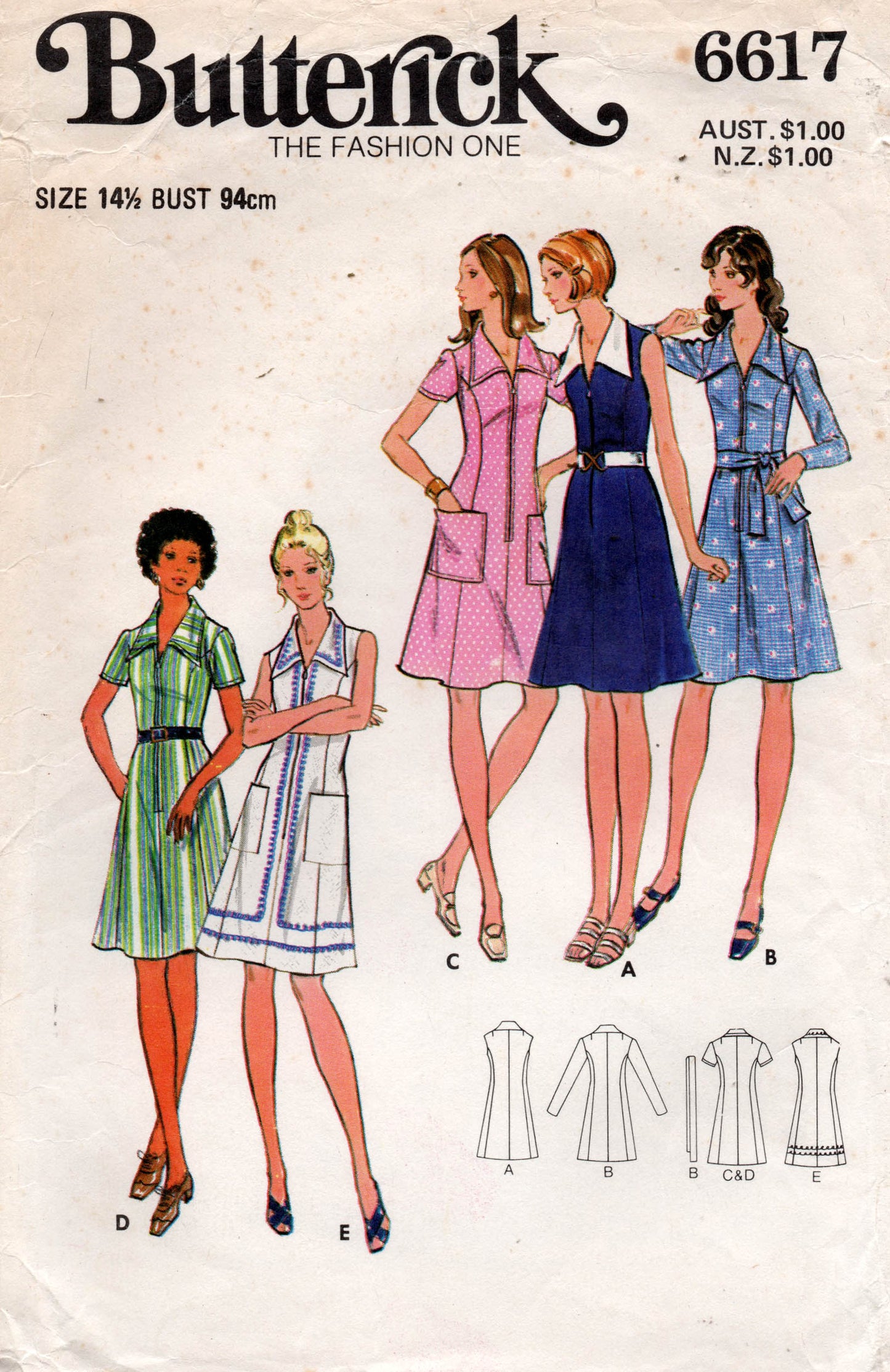 Butterick 6617 Womens Zip Front Shirtdress 1970s Vintage Sewing Pattern Bust 36 or 37 inches