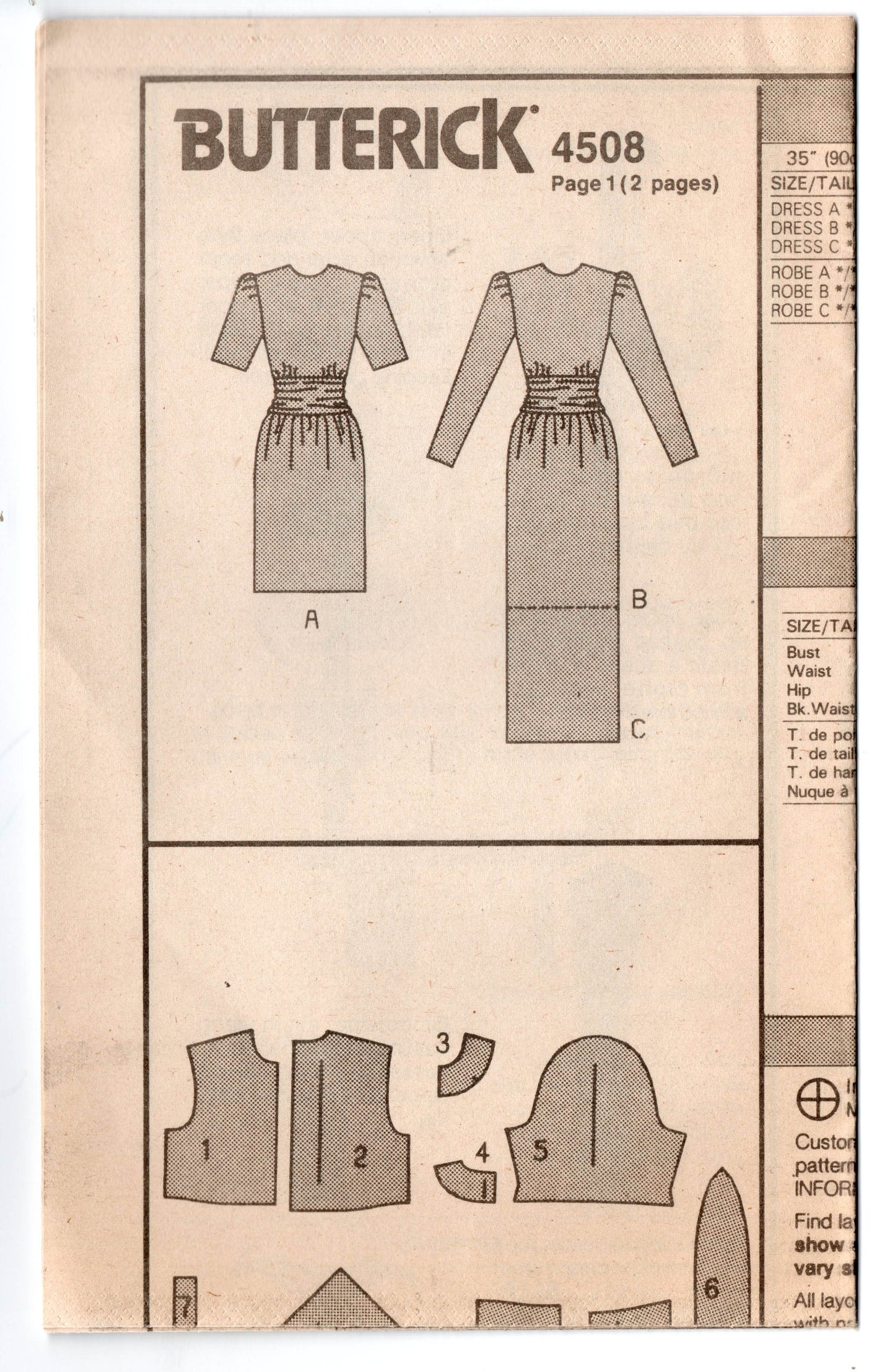 Patrón de costura para vestido de noche recto sencillo con frunces en el abdomen para mujer Butterick 4508, estilo vintage de los años 80, tallas 12 a 16 o 6 a 10, sin cortar, doblado de fábrica