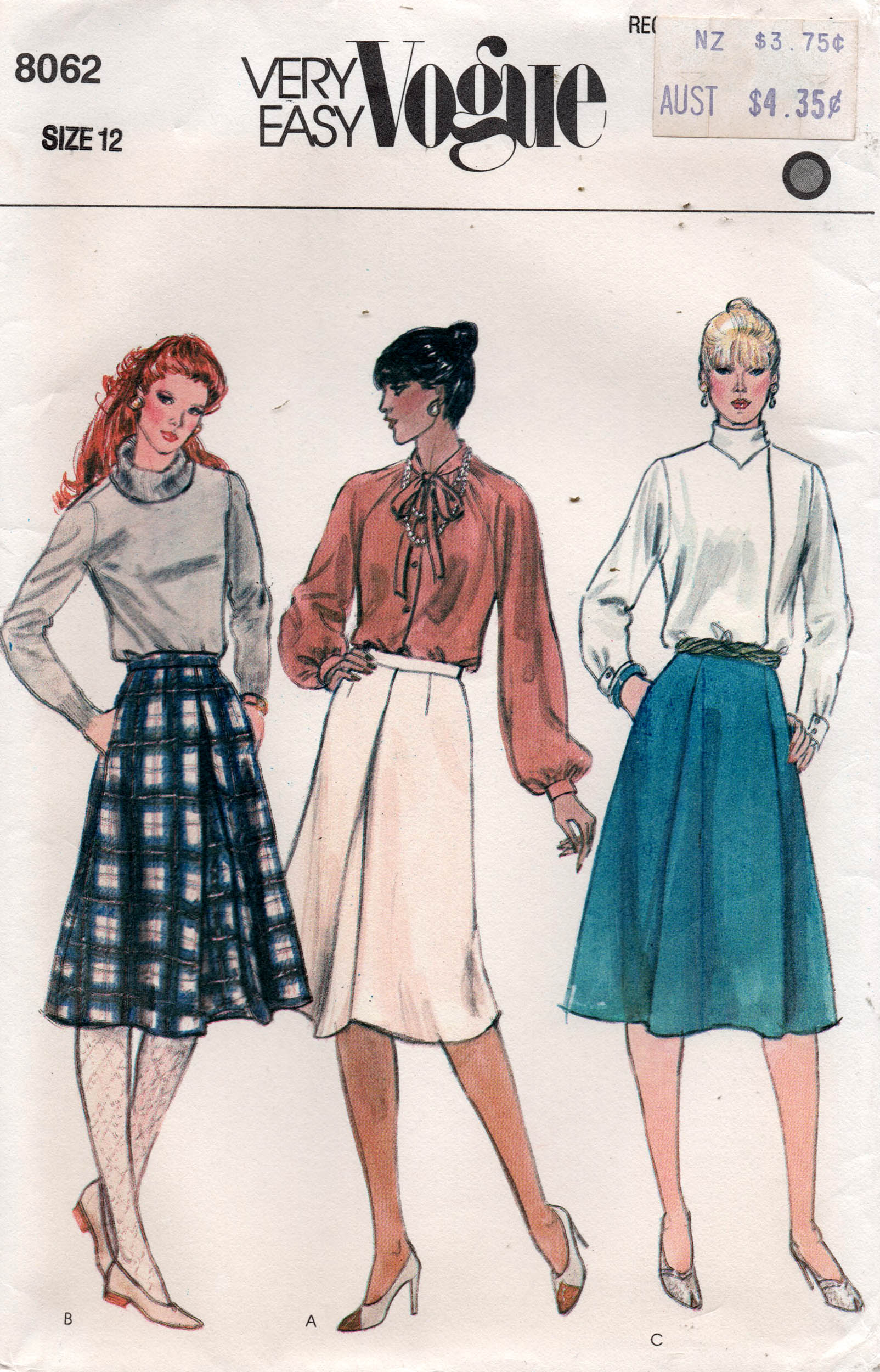 Very Easy Vogue 8062 Womens A Line Skirt with Pockets Pleats 1980s Vintage Sewing Pattern Size 12 UNCUT Factory Folded