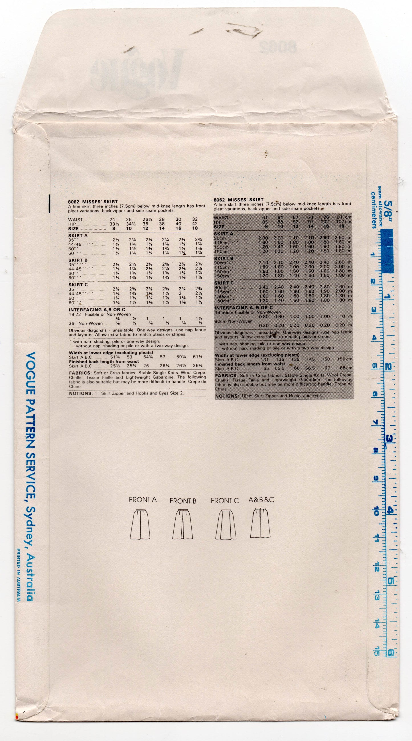Patrón de costura de falda en forma de A para mujer con bolsillos y pliegues Vogue 8062, muy fácil de usar, de estilo vintage de los años 80, talla 12, sin cortar, doblado de fábrica