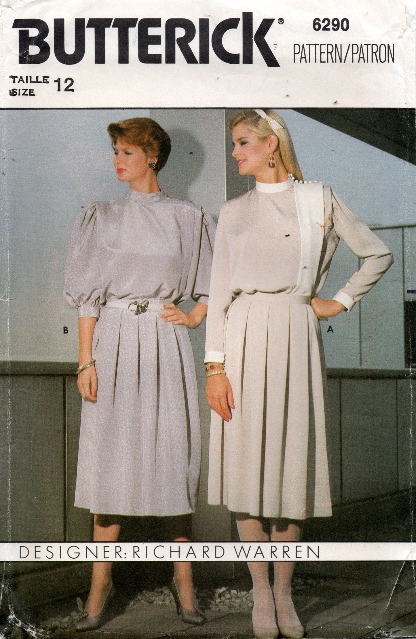 Patrón de costura vintage de los años 80 Butterick 6290 RICHARD WARREN para blusa de cuello alto con mangas abullonadas y faldas plisadas para mujer, talla 12, busto de 34 pulgadas, SIN CORTAR, doblado de fábrica
