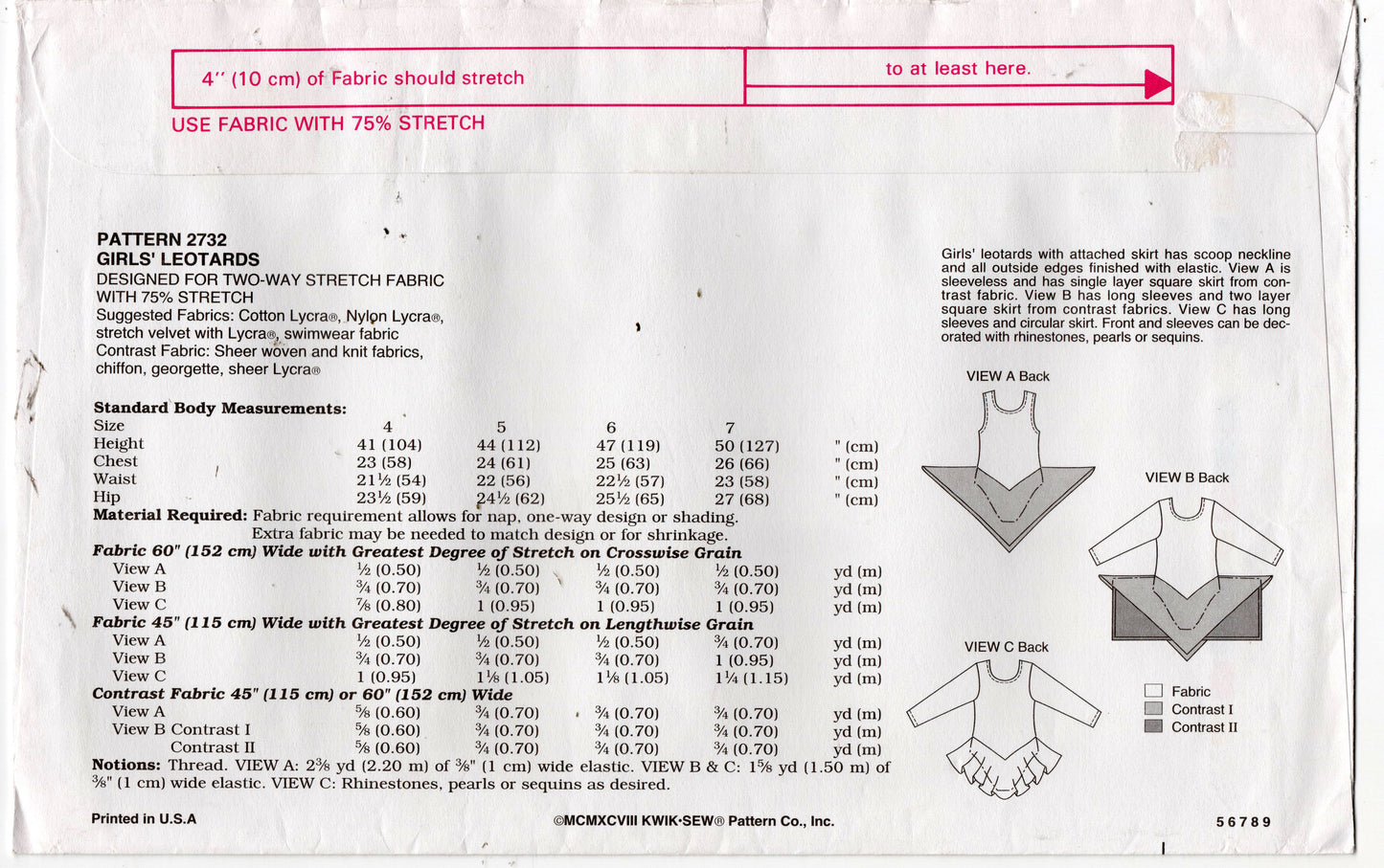 Kwik Sew 2732 Girls Skirted Leotards Out Of Print Sewing Pattern Size 4 - 7 UNCUT Factory Folded