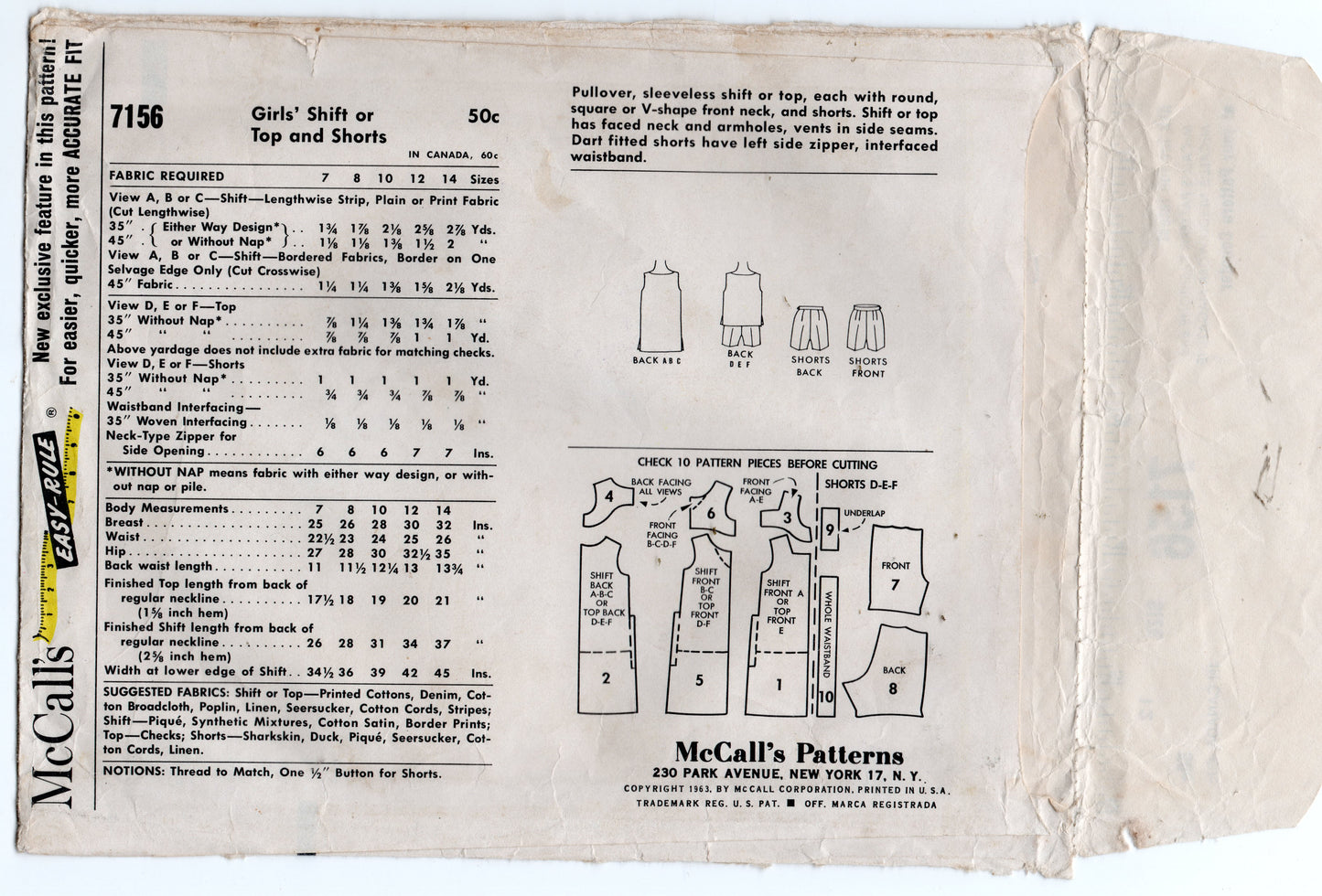 Patrón de costura vintage de los años 60 para vestido camisero de verano para adolescentes McCall's 7156, top y pantalones cortos, talla 12
