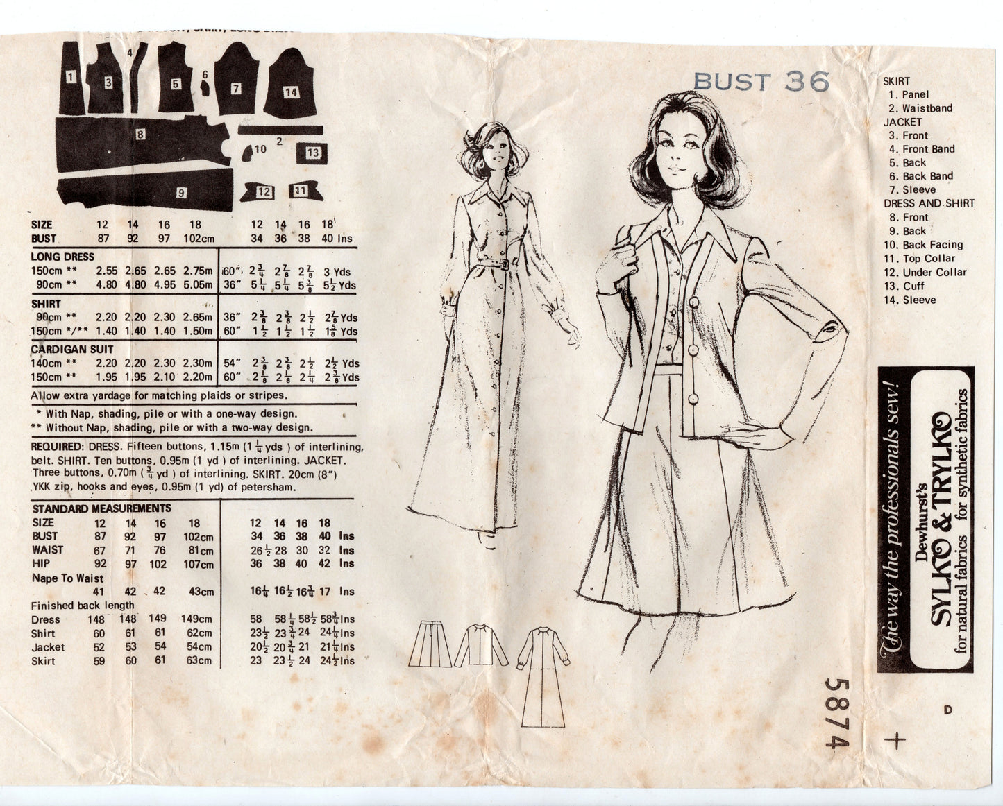 Patrón de costura vintage de los años 70, blusa y falda tipo cárdigan, vestido camisero largo para mujer, pedido por correo 5874, busto de 34 pulgadas, doblado de fábrica SIN USAR
