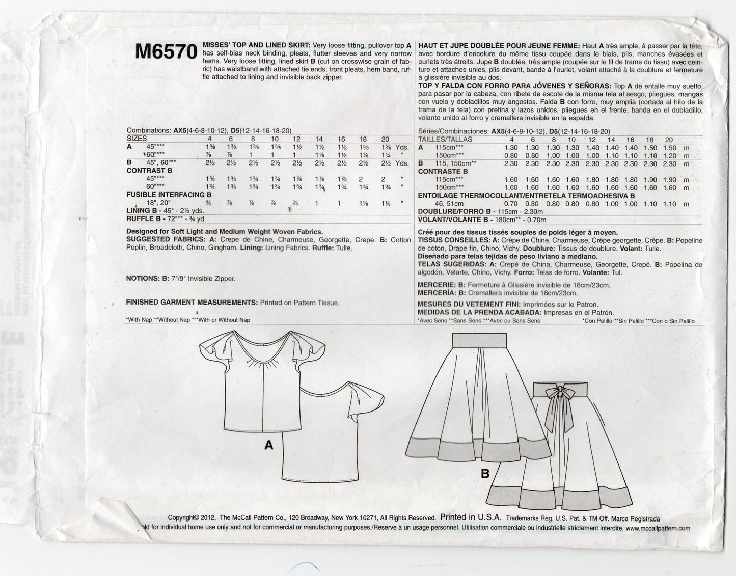 McCall's 6570 STEPHANIE O Womens Flutter Sleeved Top & Lined Flared Skirt Out Of Print Sewing Pattern Sizes 4 - 12 UNCUT Factory Folded