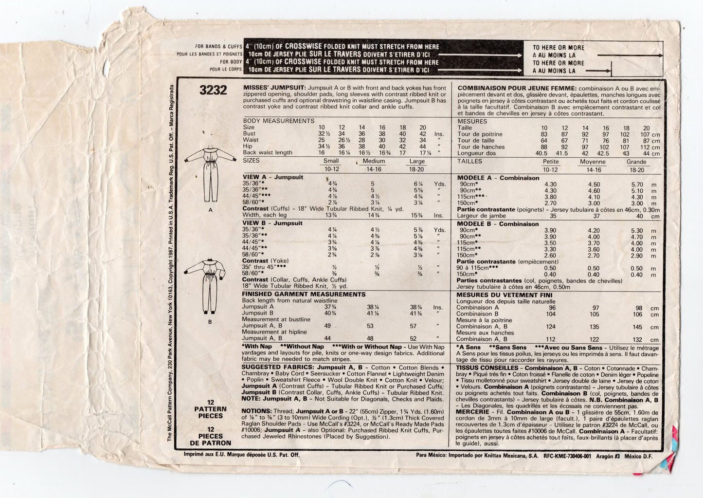 Mono informal con cremallera delantera y bolsillos para mujer de McCall's 3232 Patrón de costura vintage de los años 80 Talla MEDIANA 12-14 SIN CORTAR Doblado de fábrica