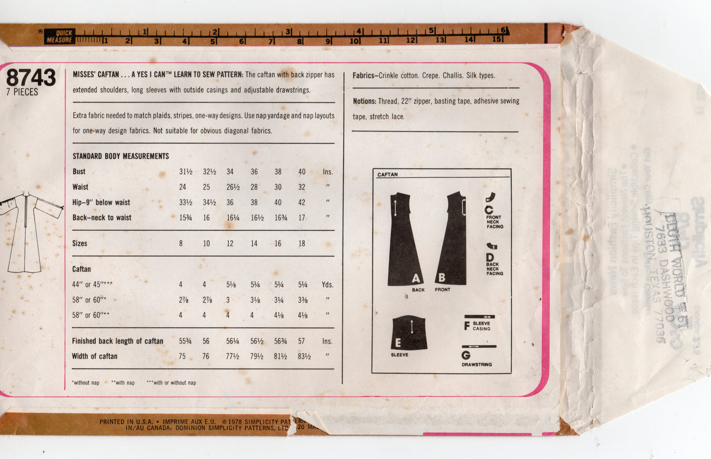Patrón de costura vintage de los años 70 Simplicity 8743 EASY para caftán largo para mujer con mangas fruncidas con cordón, talla 14, sin cortar, doblado de fábrica