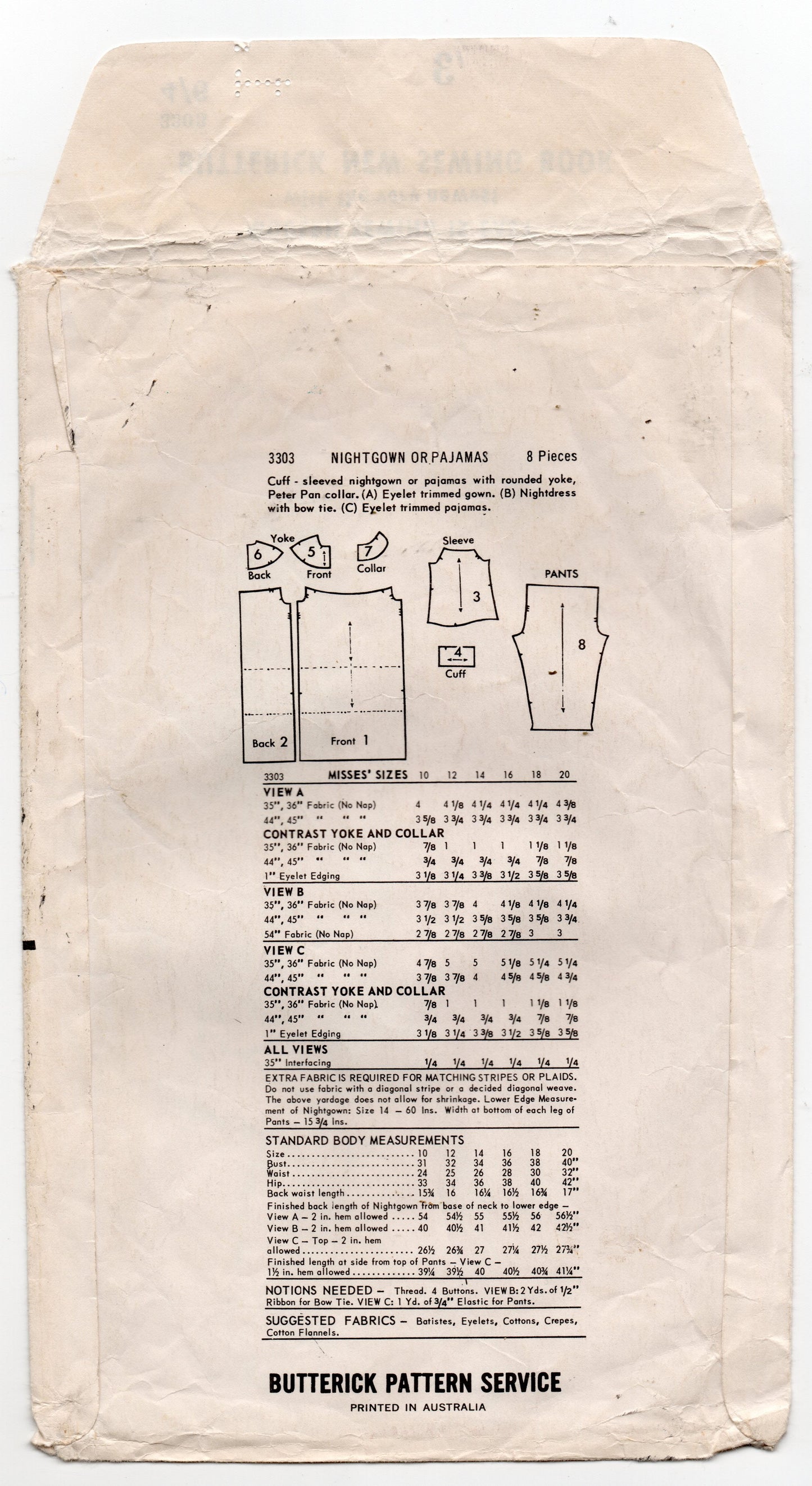 Butterick 3303 Womens Yoked Pyjamas & Nightgown 1960s Vintage Sewing Pattern Size 16 Bust 36 inches
