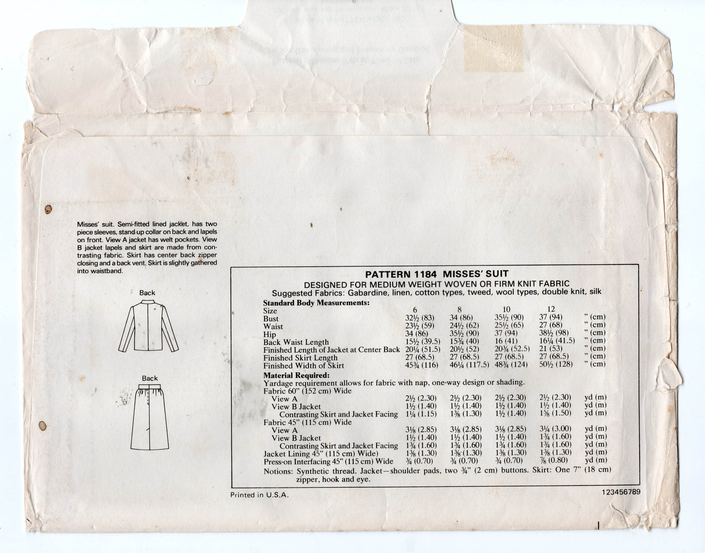 Kwik Sew 1184 Womens Shaped Jacket & Skirt 1980s Vintage Sewing Pattern Bust 32 - 37 inches UNCUT Factory Folded