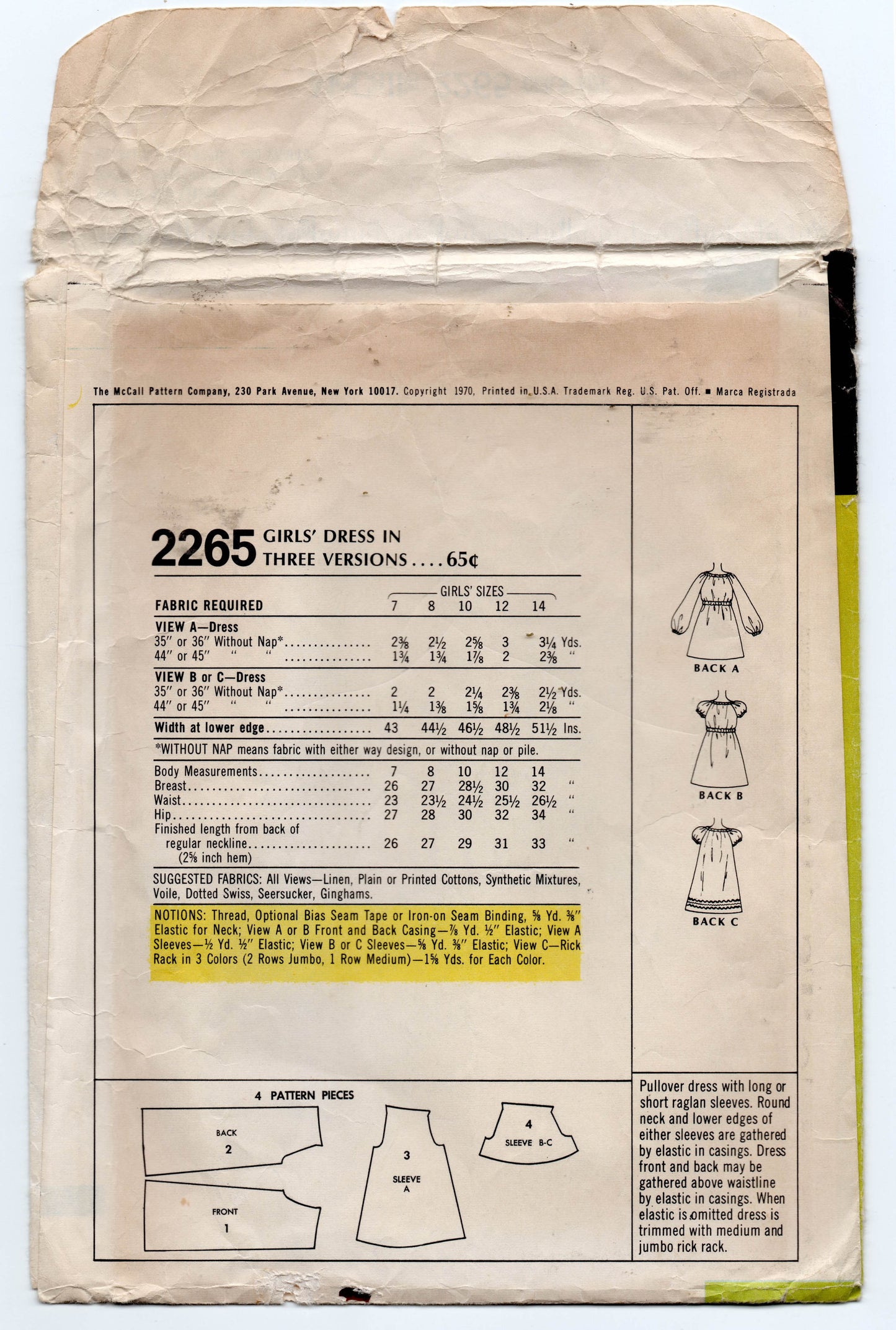 McCall's 2265 Girl's Puff Sleeved Mini Dress 1970s Vintage Sewing Pattern Size 7 Chest 26 inches