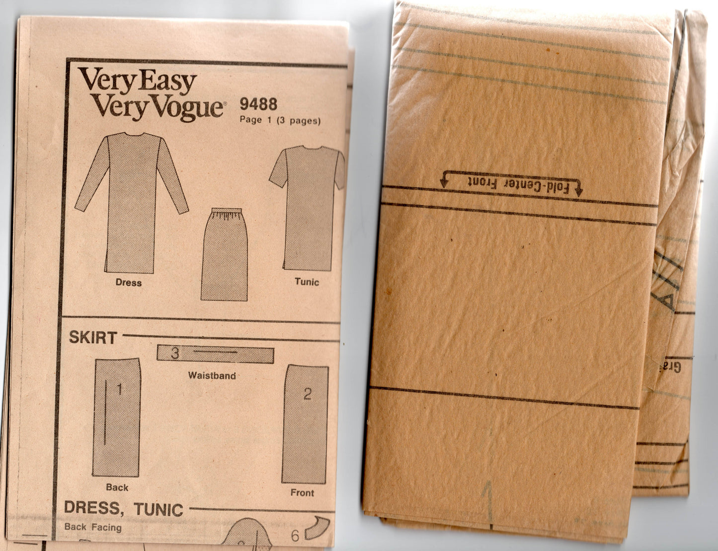 Patrón de costura muy fácil para vestido, túnica y falda con espalda curva para mujer Vogue 9488, años 80, vintage, talla 8-12, sin cortar, doblado de fábrica